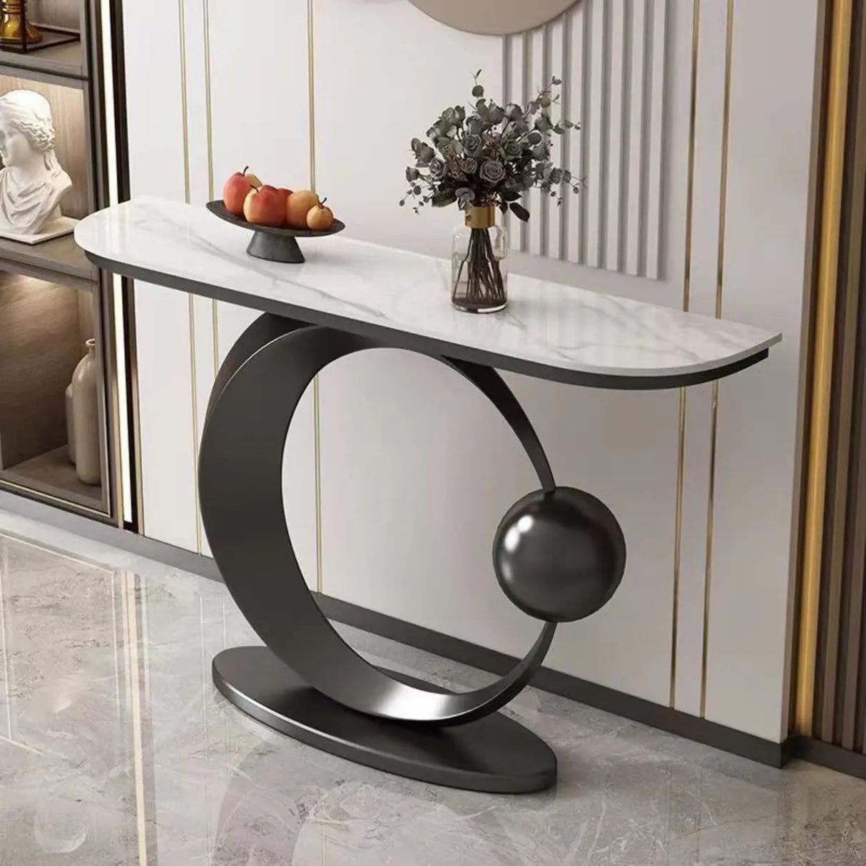 Abstract Circular Base Sintered Stone Gold Console Table Image - 9