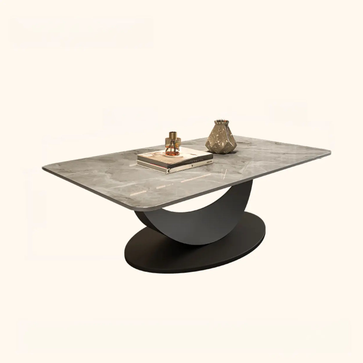 Abstract White Rectangular Stone Iron Base Coffee Table Image - 3