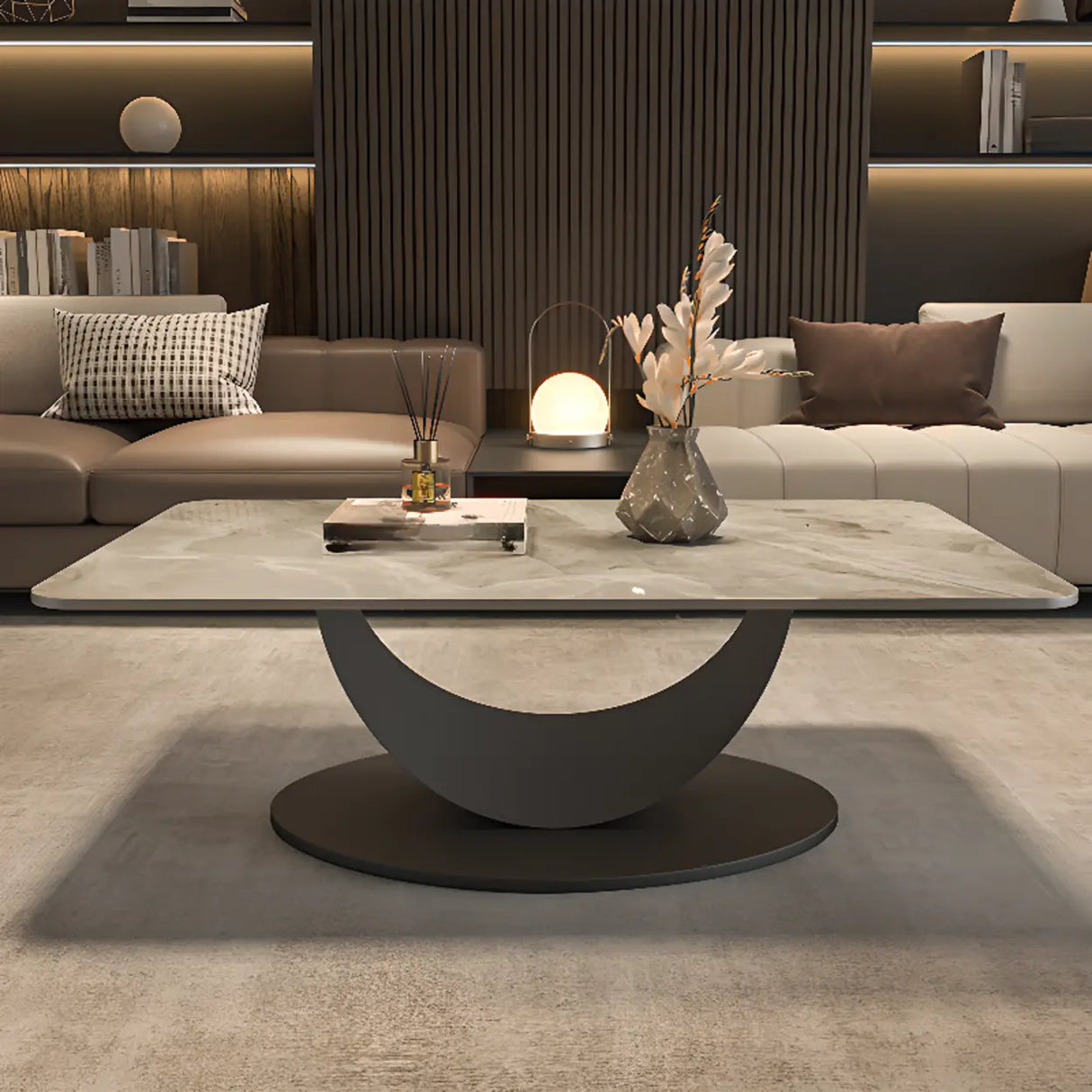 Abstract White Rectangular Stone Iron Base Coffee Table Image - 4