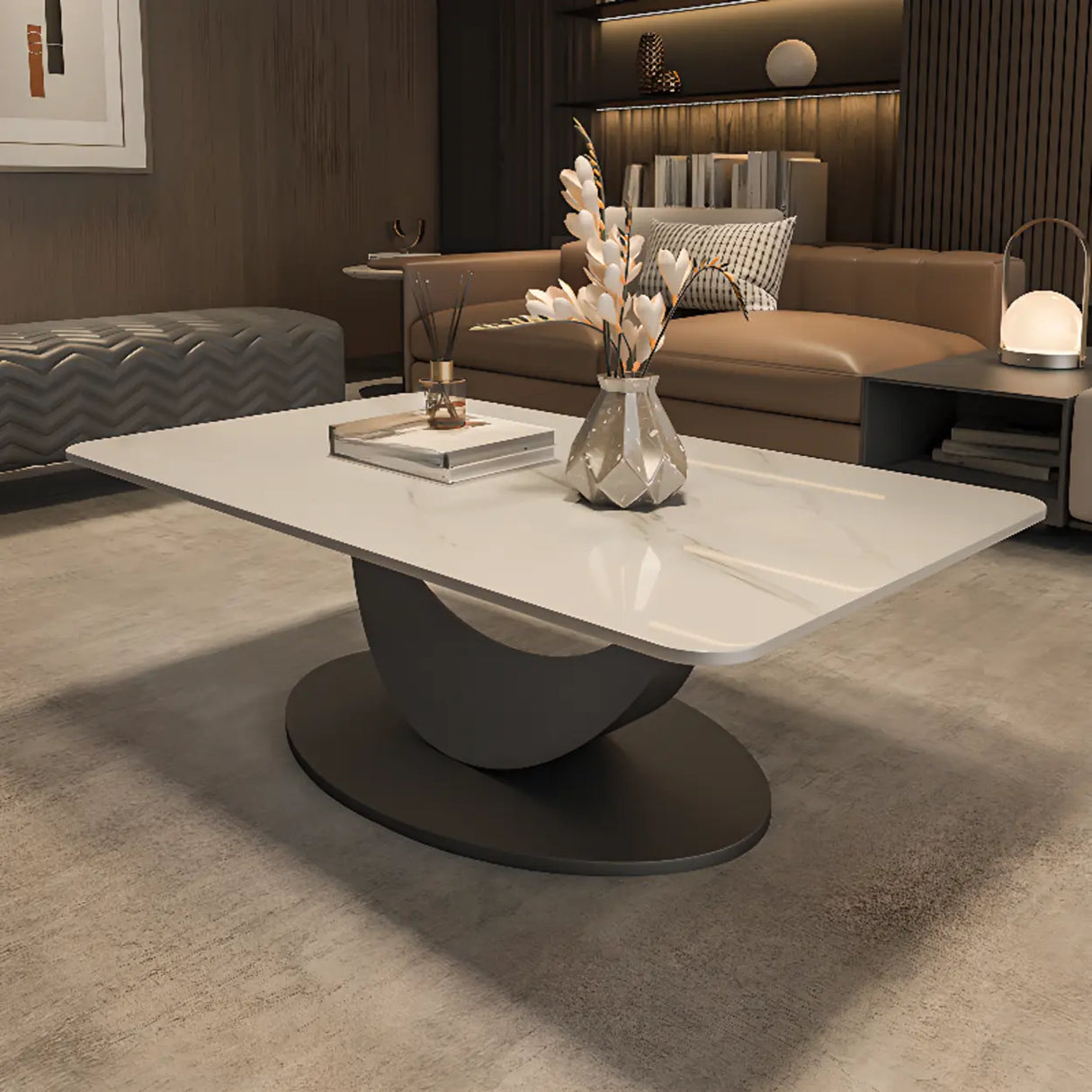 Abstract White Rectangular Stone Iron Base Coffee Table Image - 6