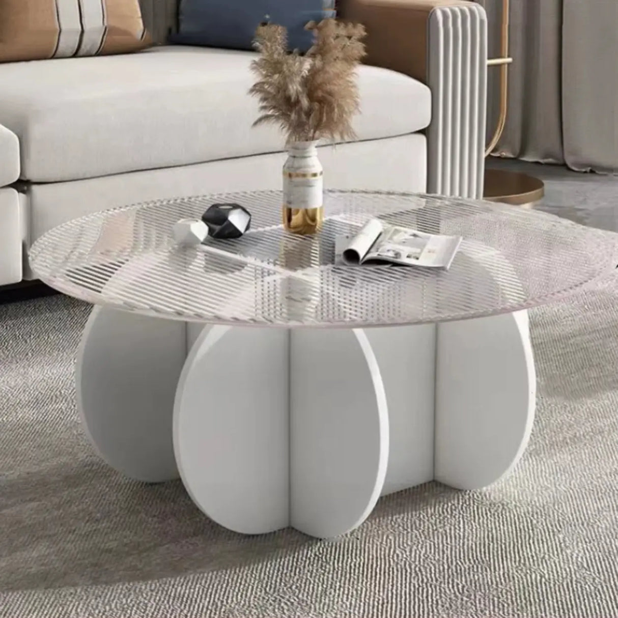 Abstract Wood Base Clear Glass Round Coffee Table Image - 11