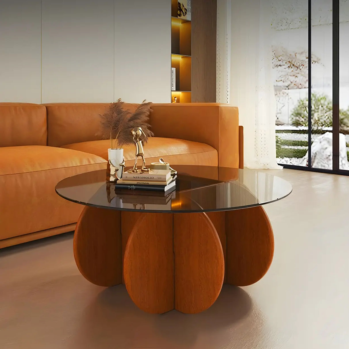 Abstract Wood Base Clear Glass Round Coffee Table Image - 1