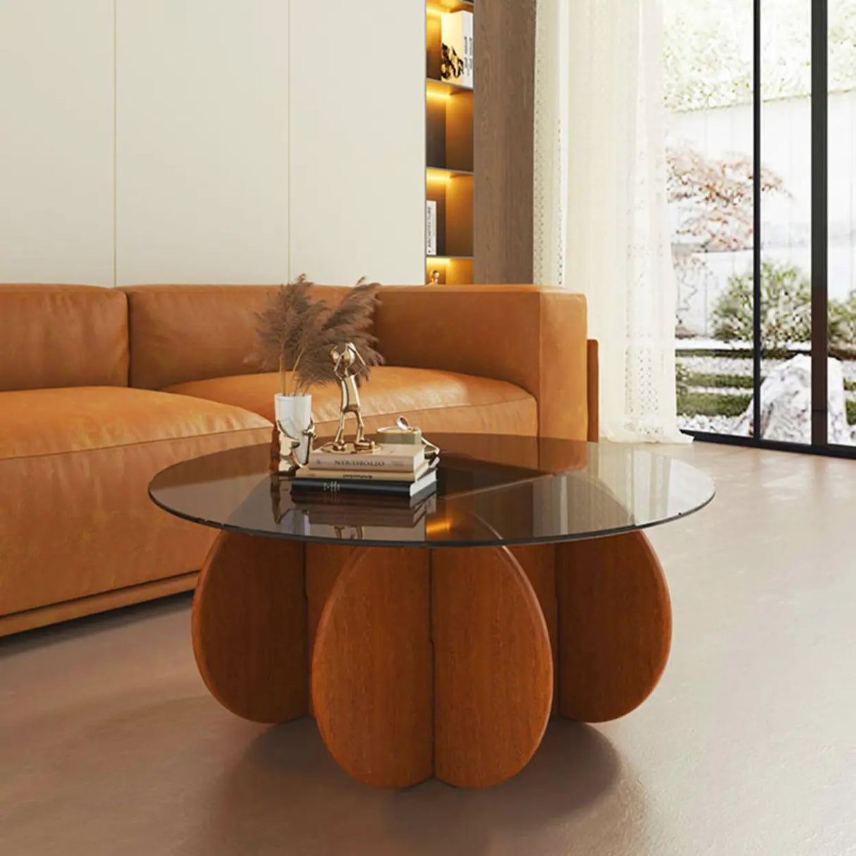 Abstract Wood Base Clear Glass Round Coffee Table Image - 6