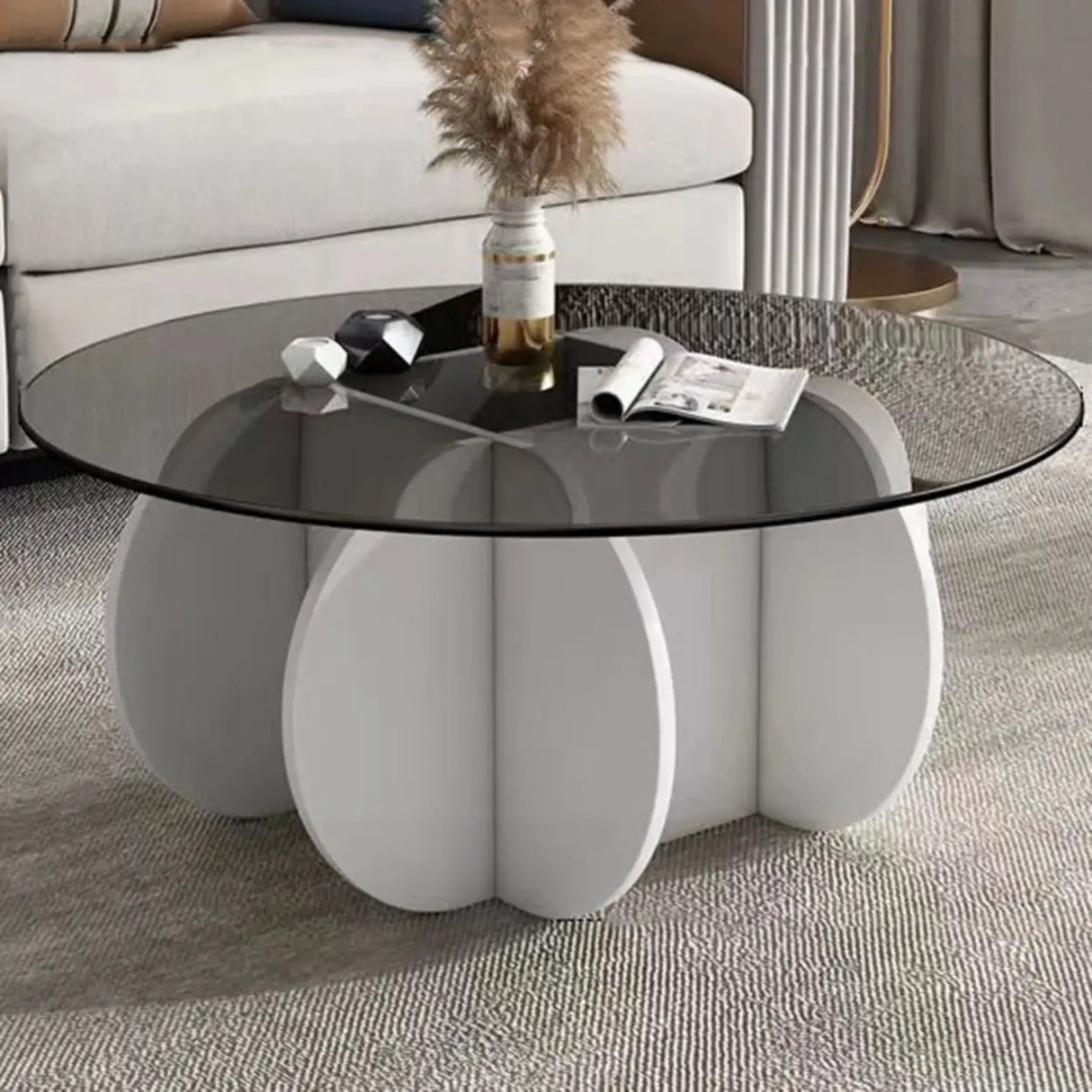 Abstract Wood Base Clear Glass Round Coffee Table Image - 2