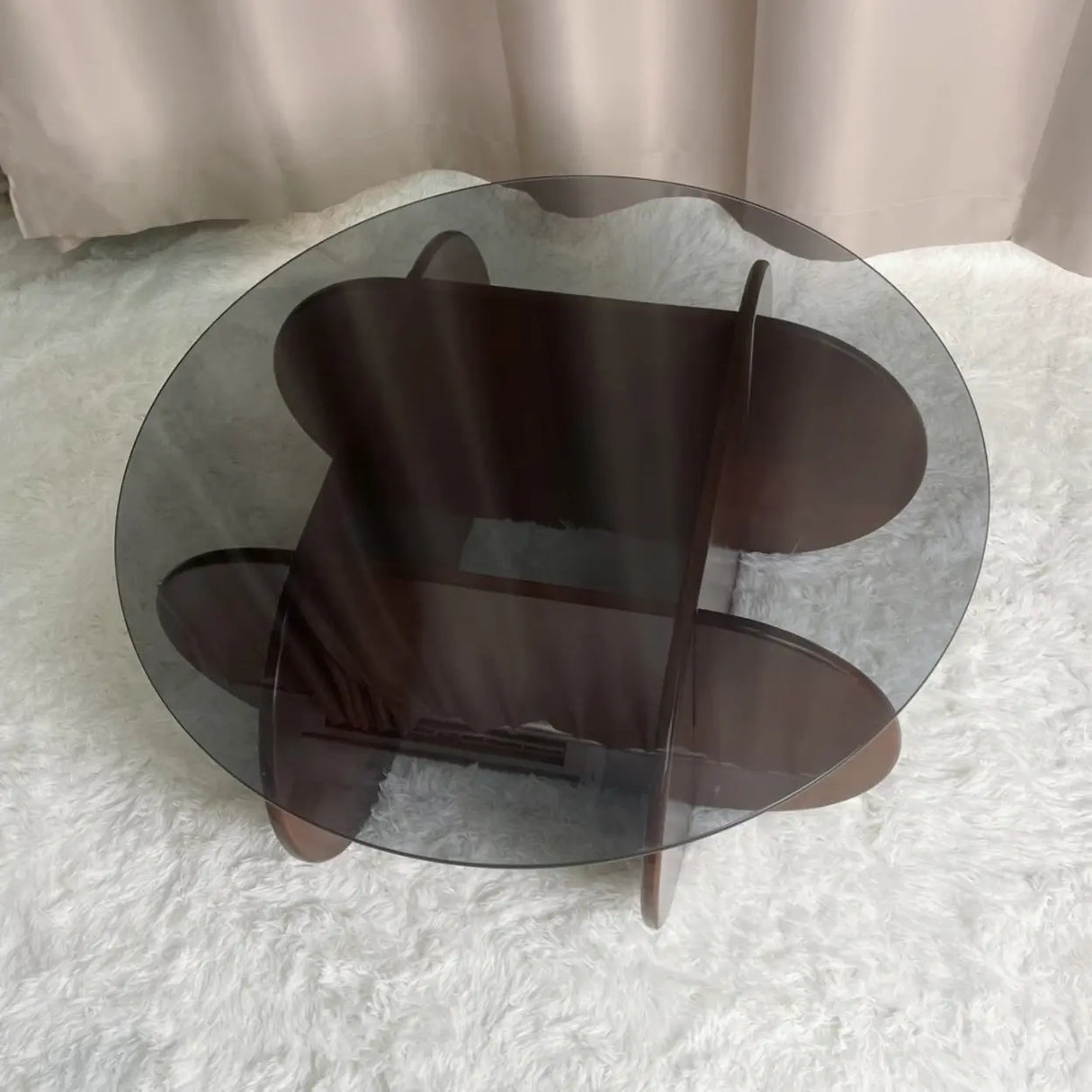 Abstract Wood Base Clear Glass Round Coffee Table Image - 7
