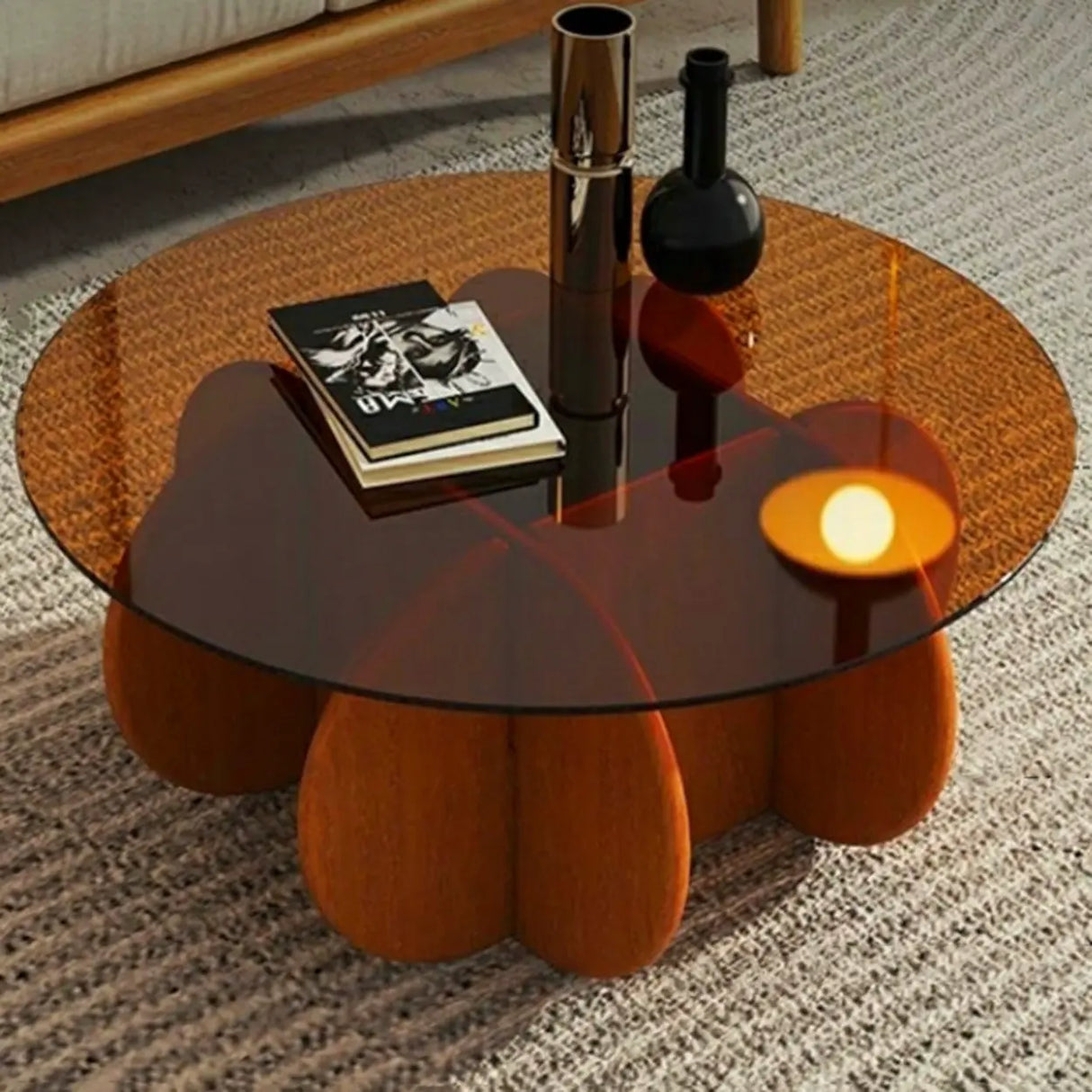 Abstract Wood Base Clear Glass Round Coffee Table Image - 3