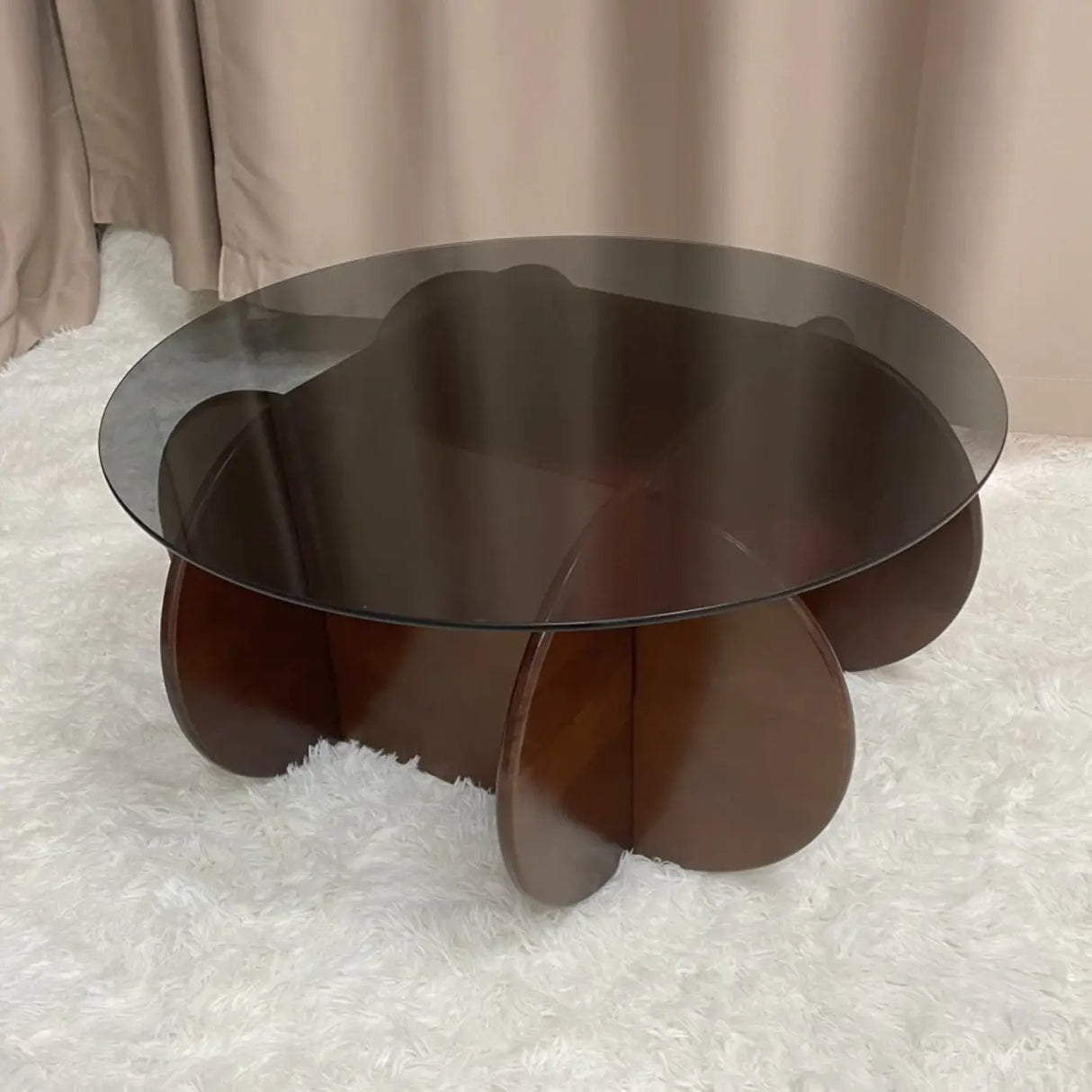 Abstract Wood Base Clear Glass Round Coffee Table Image - 8
