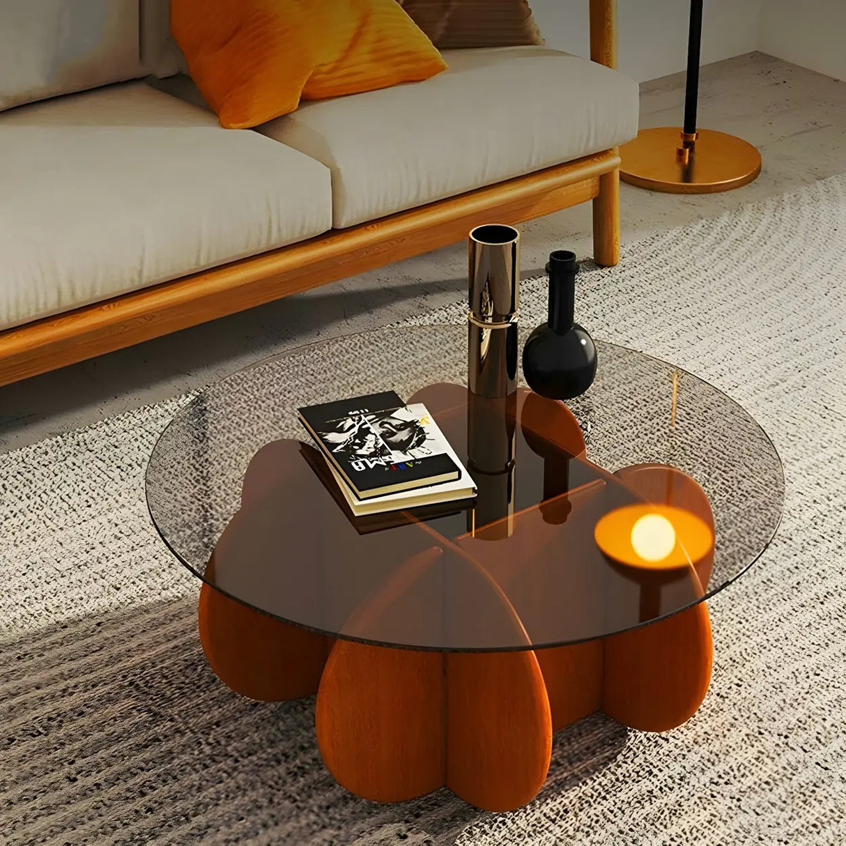 Abstract Wood Base Clear Glass Round Coffee Table Image - 4