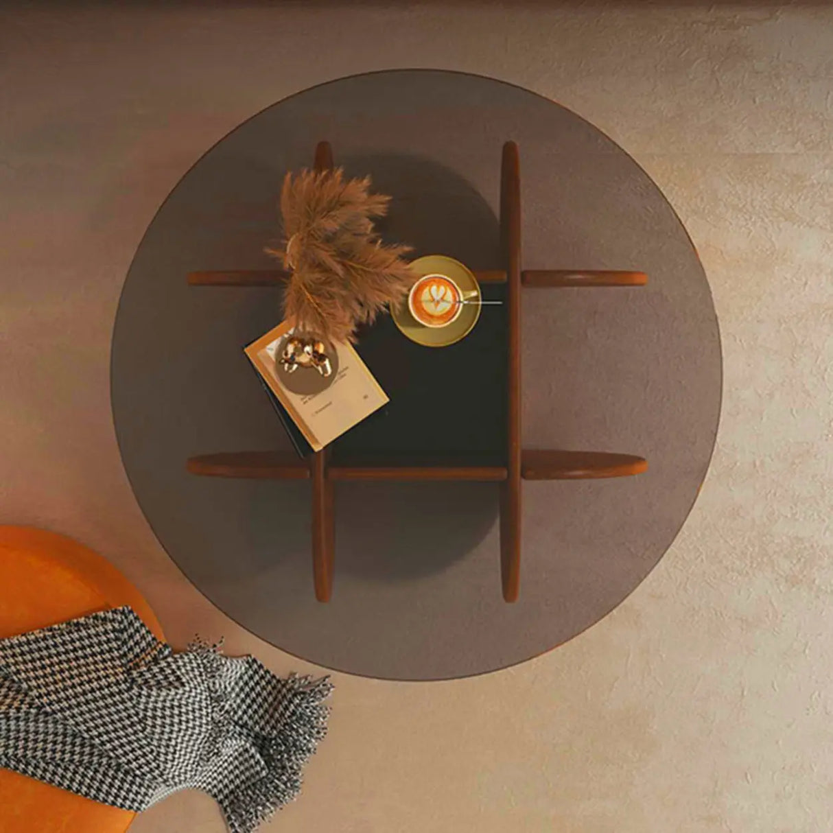 Abstract Wood Base Clear Glass Round Coffee Table Image - 12