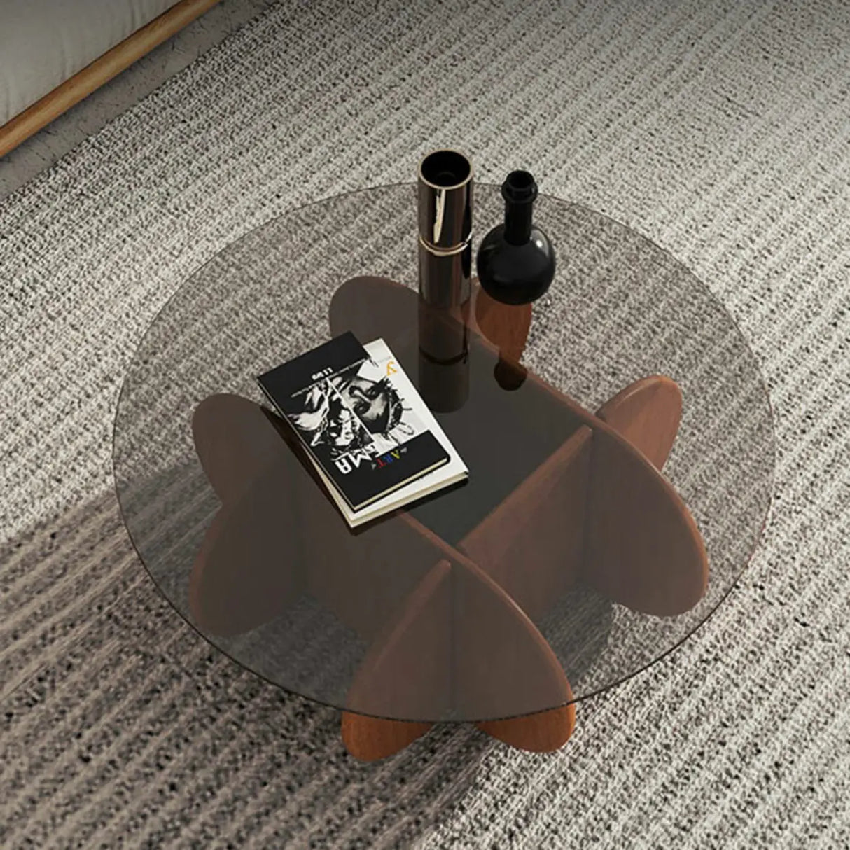 Abstract Wood Base Clear Glass Round Coffee Table Image - 13