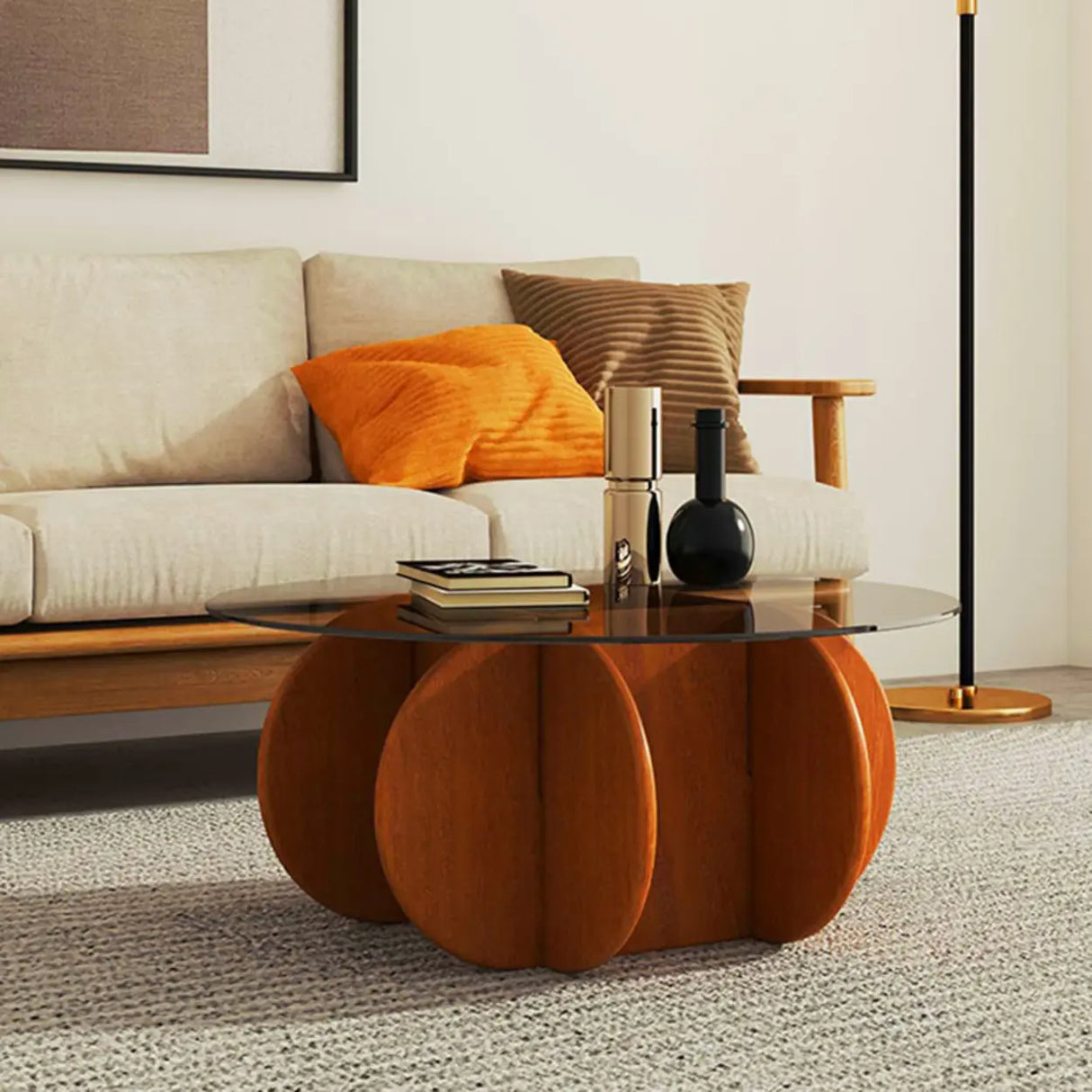 Abstract Wood Base Clear Glass Round Coffee Table Image - 14