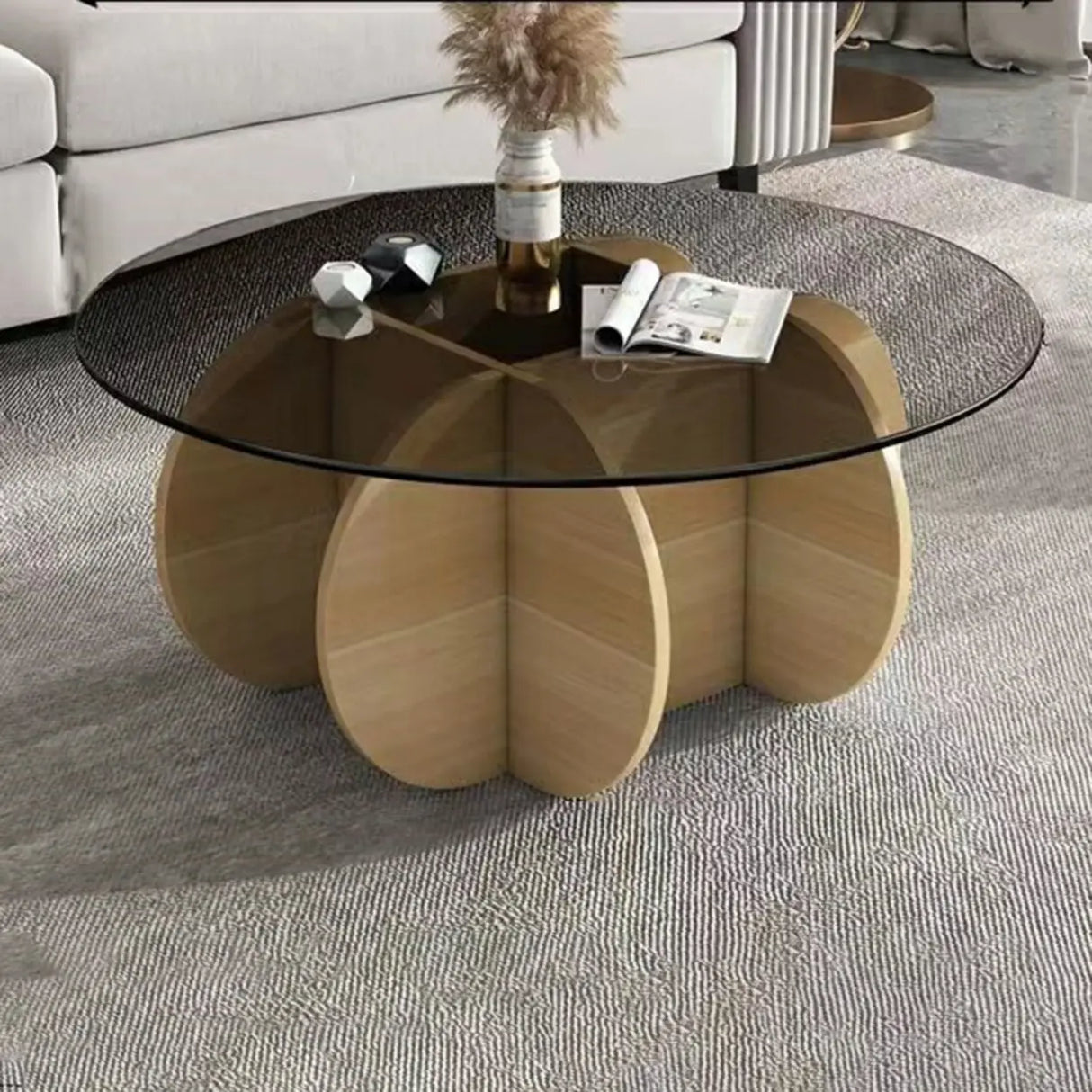Abstract Wood Base Clear Glass Round Coffee Table Image - 9