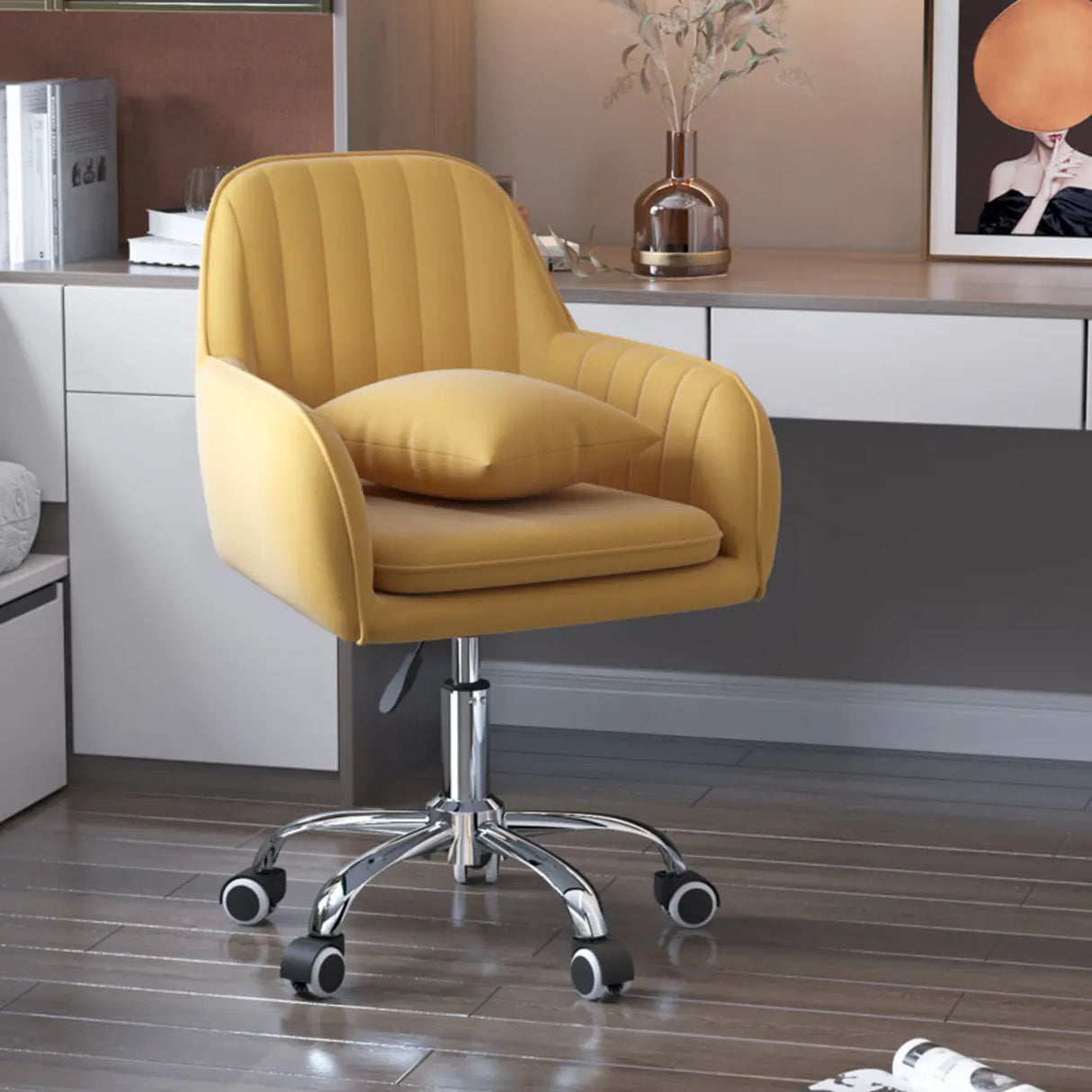 Adjustable and Swivel Pink Velvet Office Chair with Cushion Image - 10