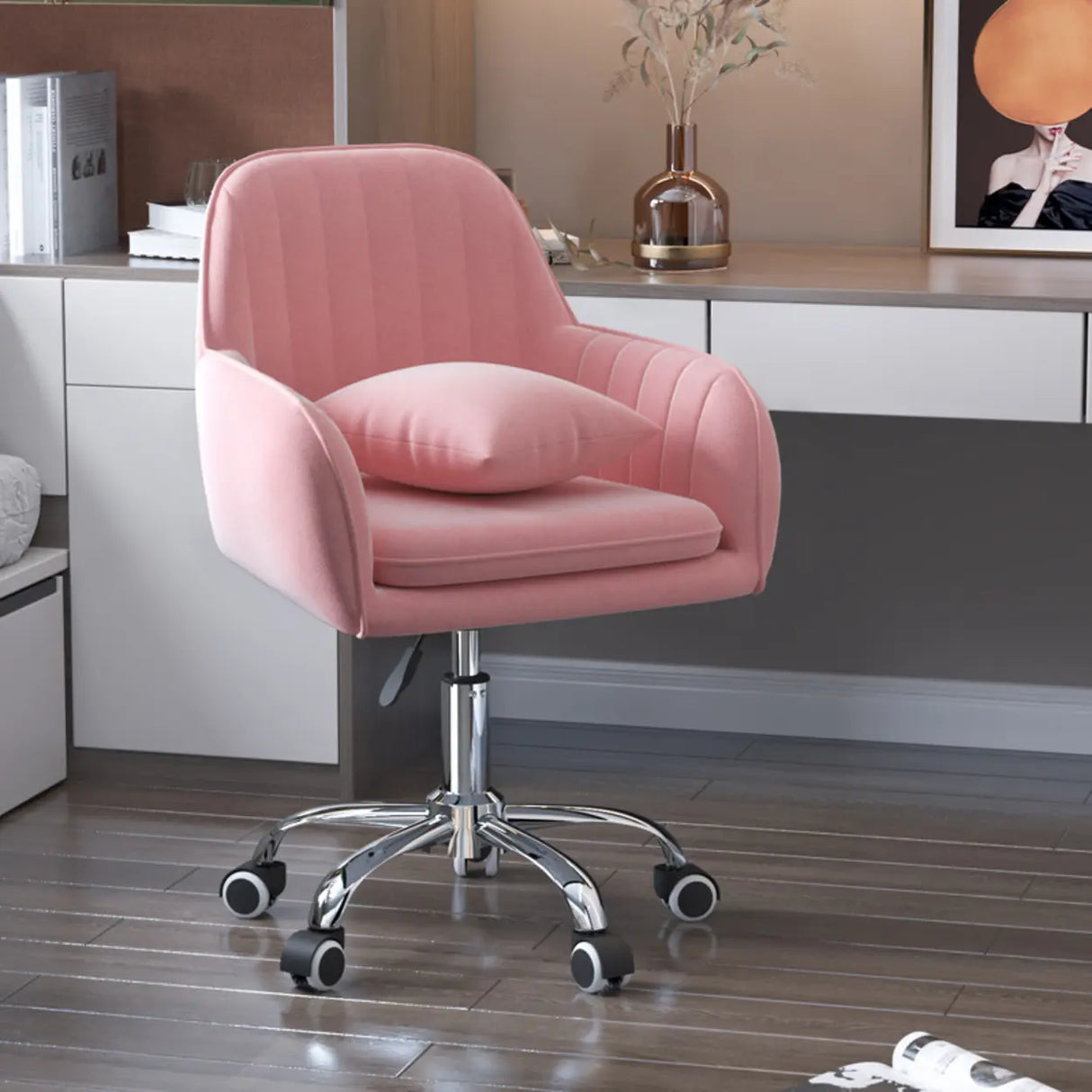 Adjustable and Swivel Pink Velvet Office Chair with Cushion Image - 11