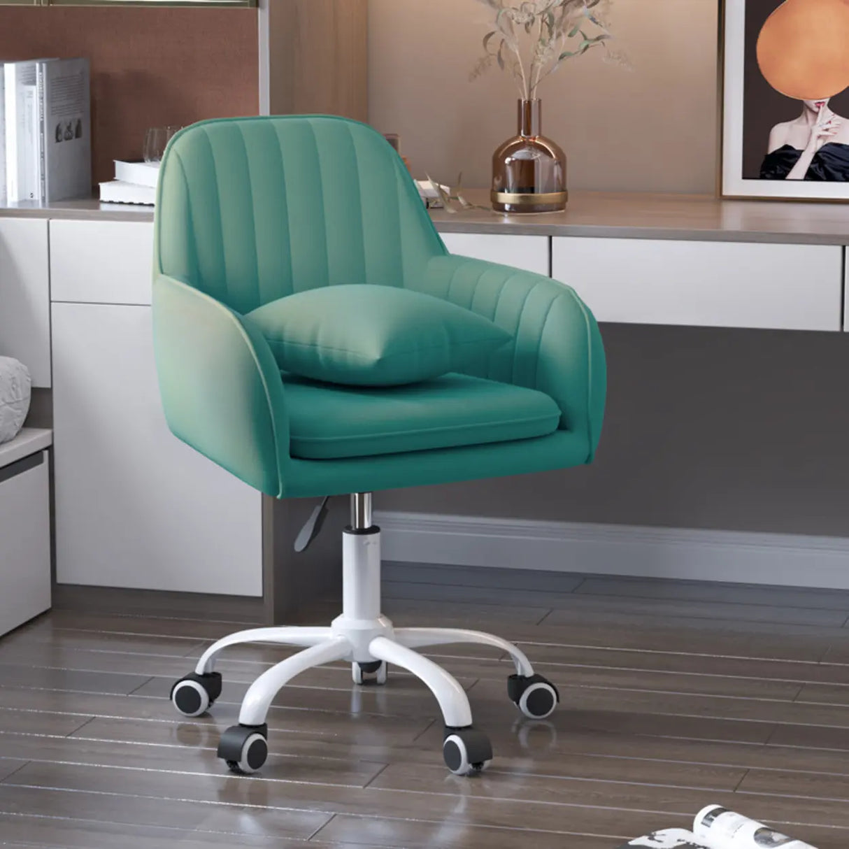 Adjustable and Swivel Pink Velvet Office Chair with Cushion Image - 13