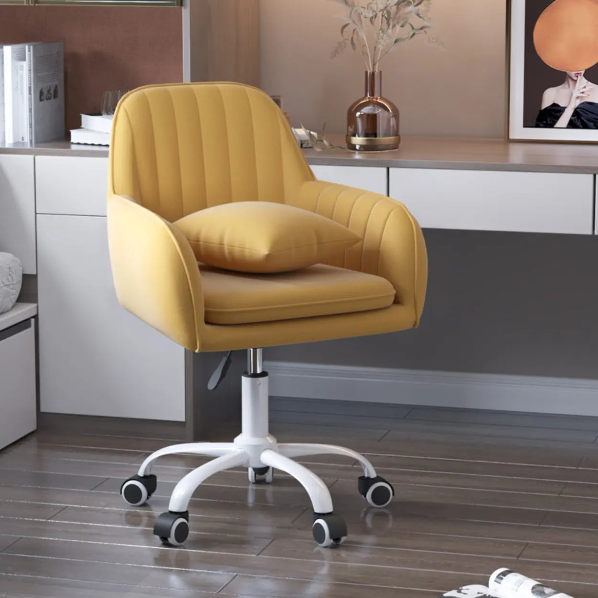 Adjustable and Swivel Pink Velvet Office Chair with Cushion Image - 15