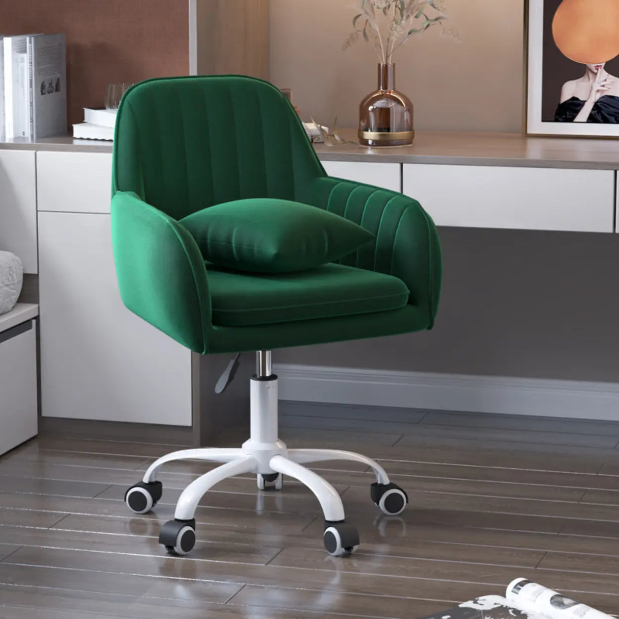 Adjustable and Swivel Pink Velvet Office Chair with Cushion Image - 17