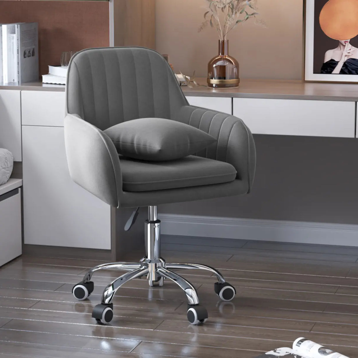 Adjustable and Swivel Pink Velvet Office Chair with Cushion Image - 18