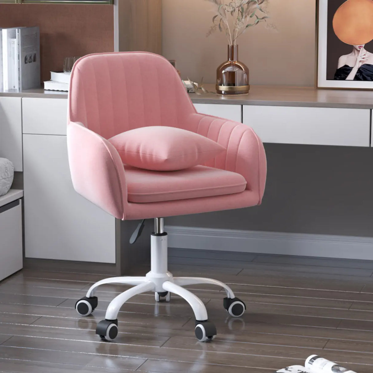Adjustable and Swivel Pink Velvet Office Chair with Cushion Image - 2