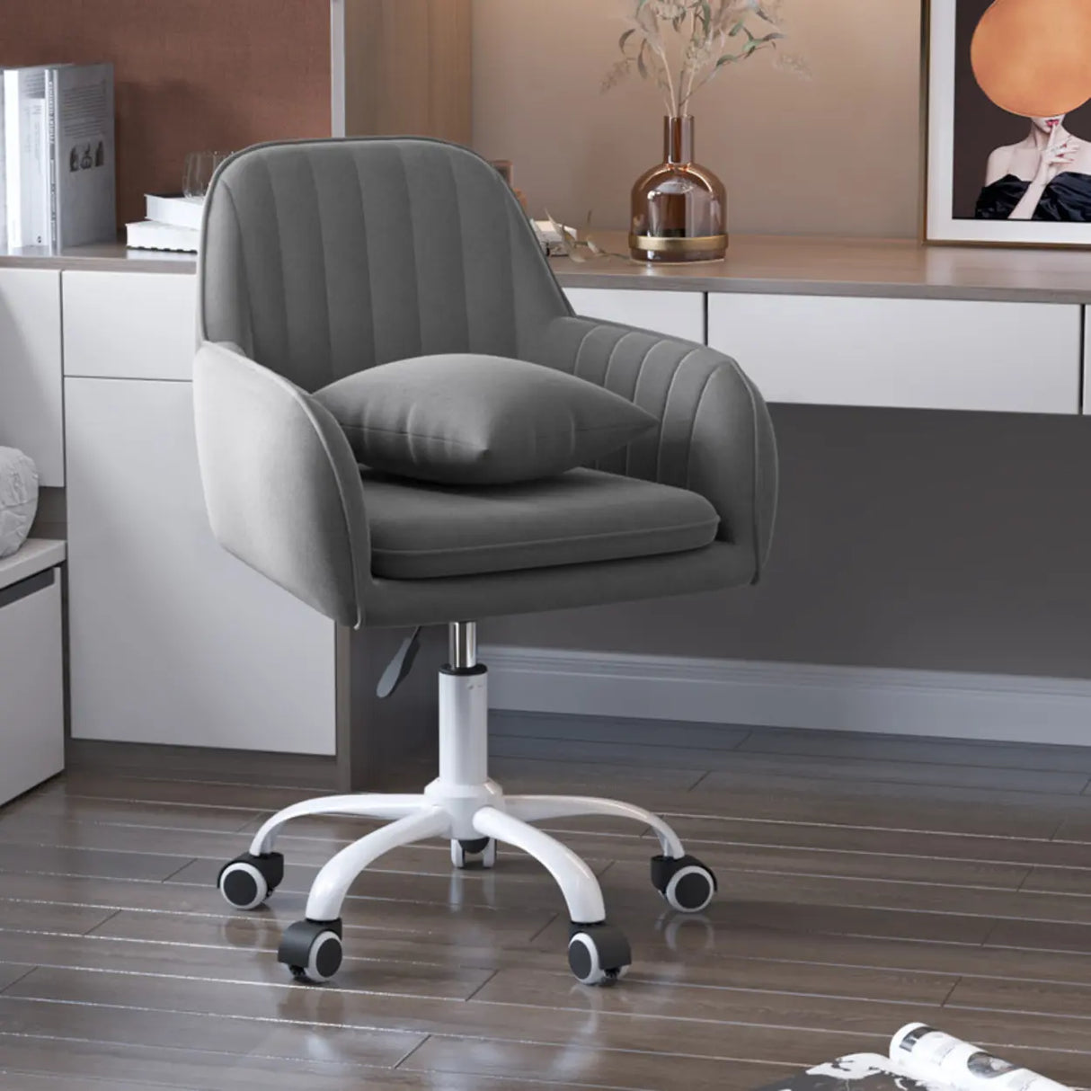 Adjustable and Swivel Pink Velvet Office Chair with Cushion Image - 3