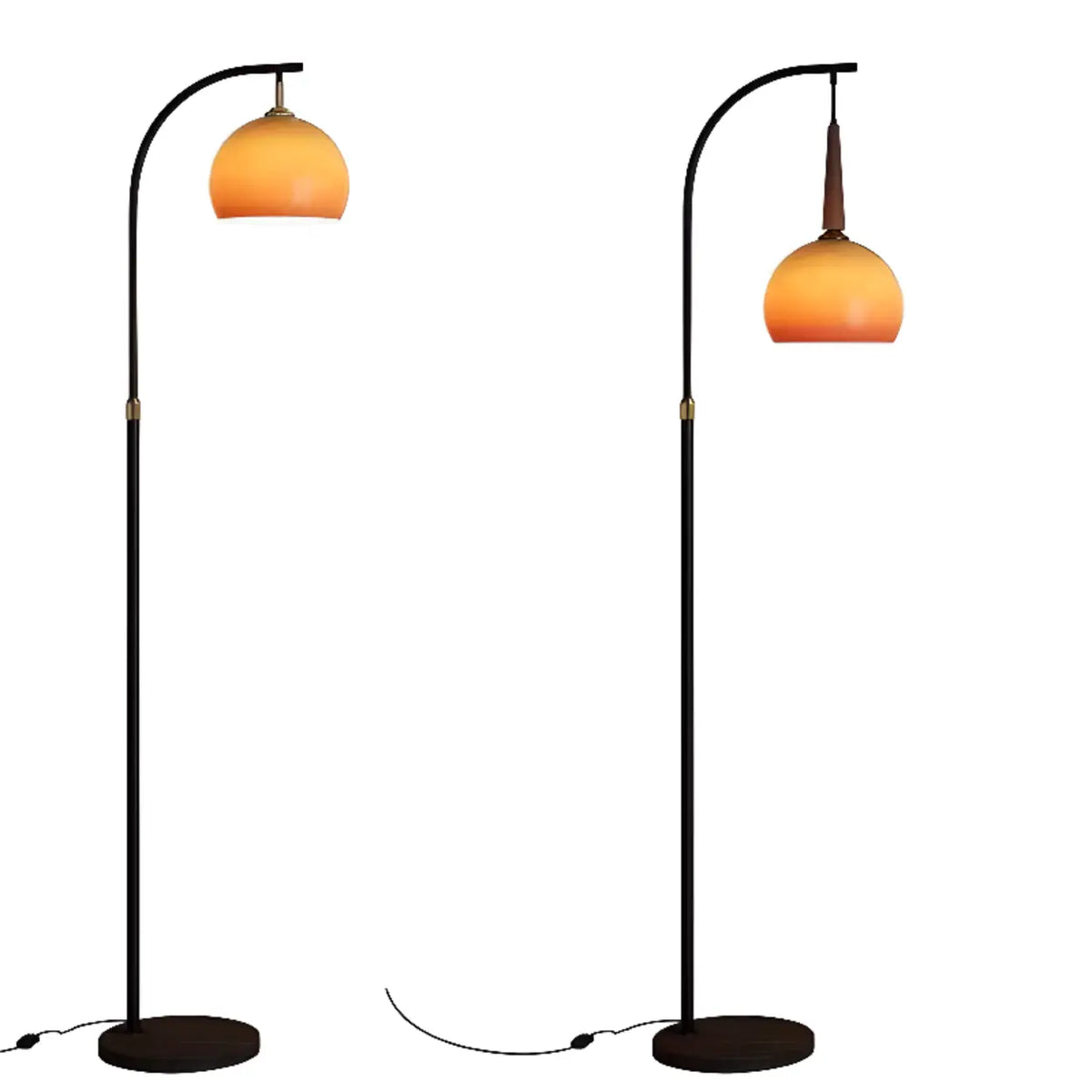 Brass and walnut adjustable arc floor lamps with caramel glass shades, round bases and plug-in rocker switches