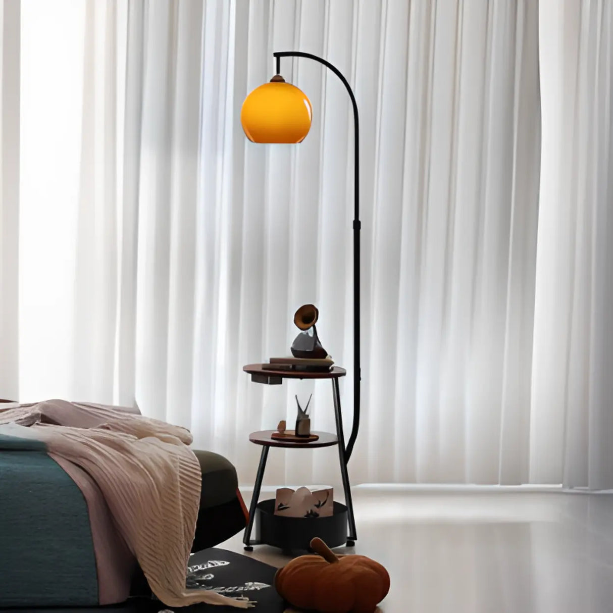 Adjustable Arc Floor Lamp with Three-Tier Storage Shelf Image - 3