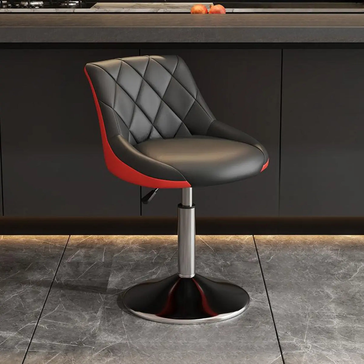 Red-and-black leather swivel stool with quilted bucket seat and adjustable silver base