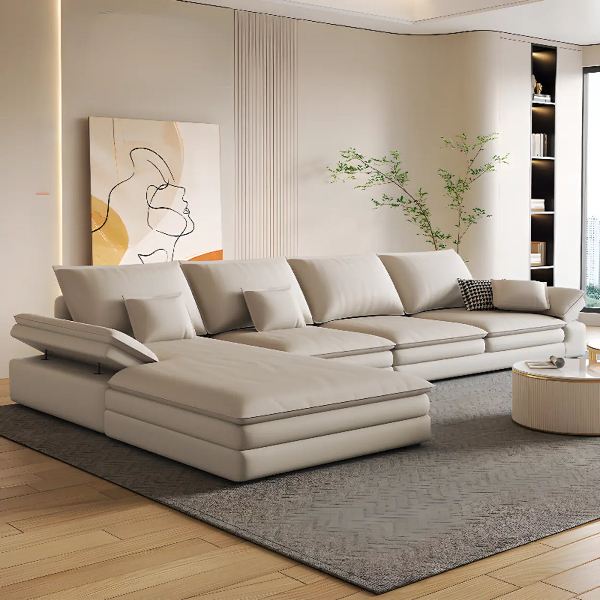 Adjustable Armrest Height Off-White Tech Cloth Sofa Image - 1