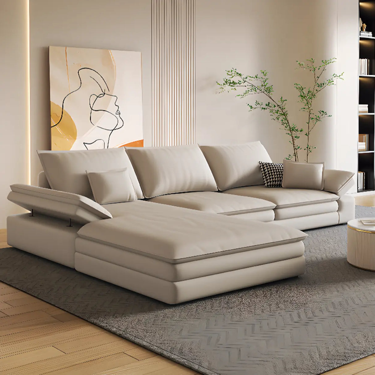 Adjustable Armrest Height Off-White Tech Cloth Sofa Image - 2