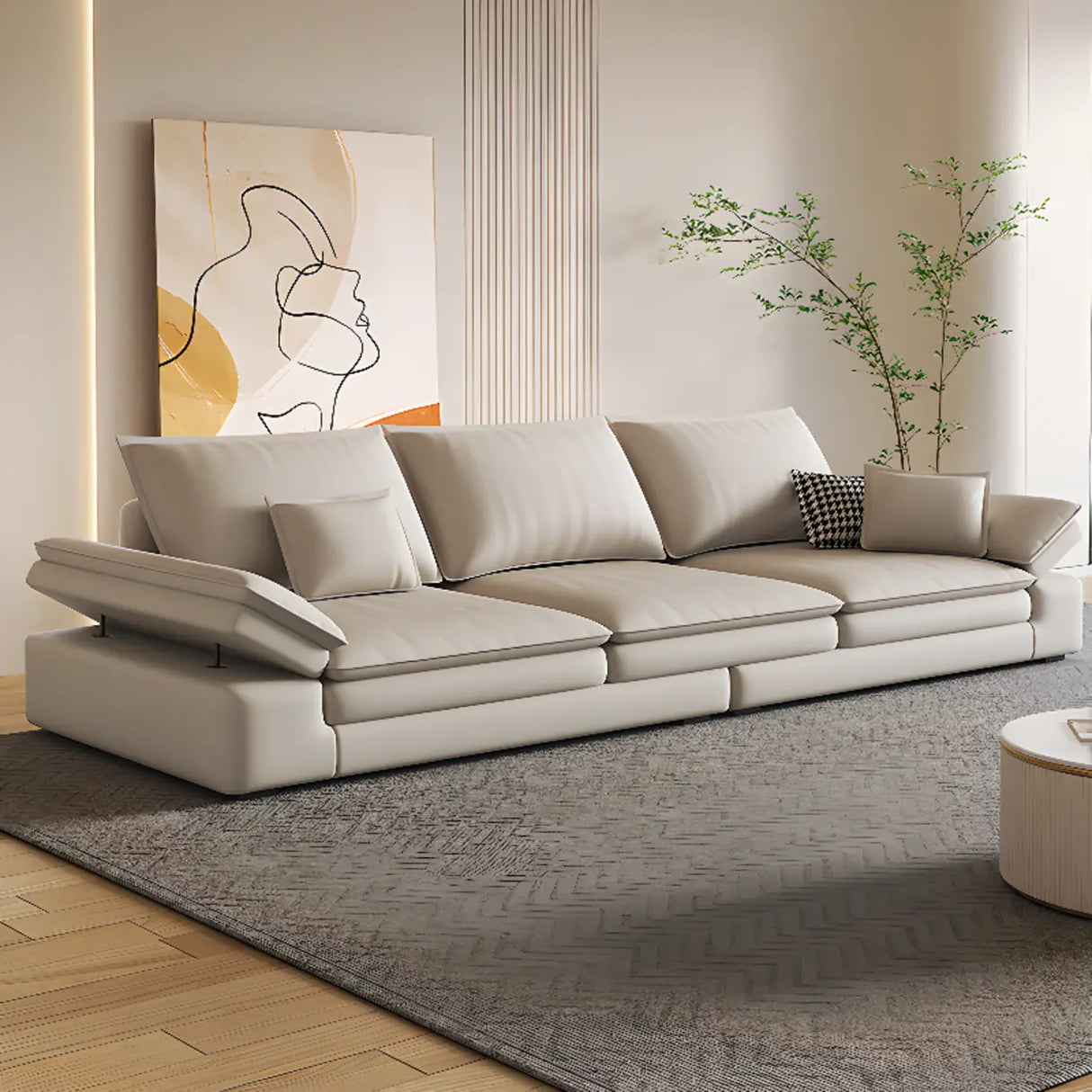 Adjustable Armrest Height Off-White Tech Cloth Sofa Image - 3