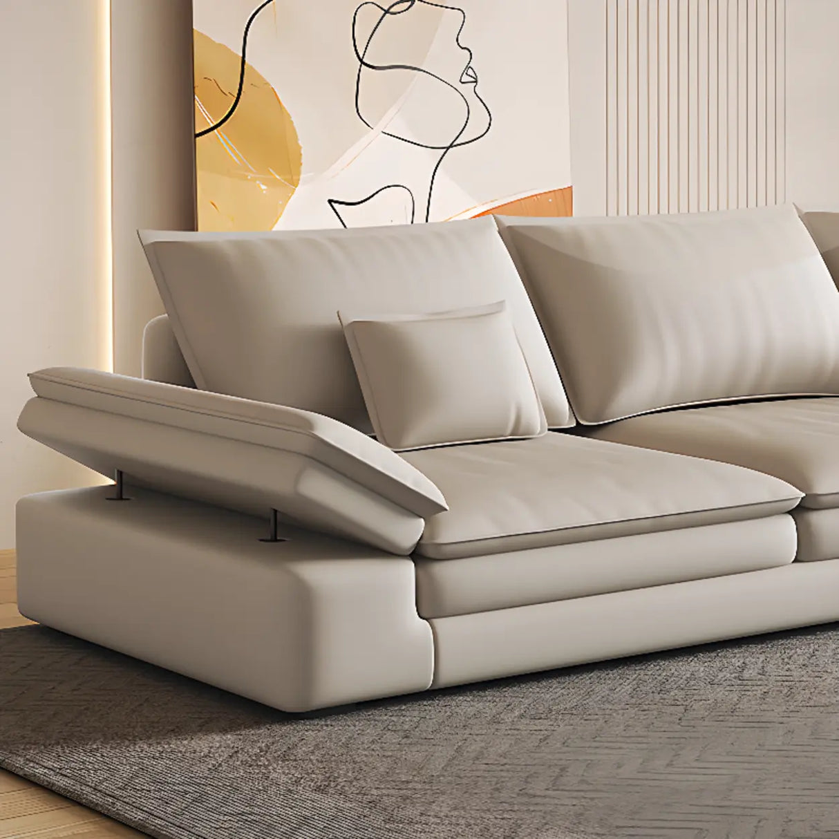 Adjustable Armrest Height Off-White Tech Cloth Sofa Image - 8