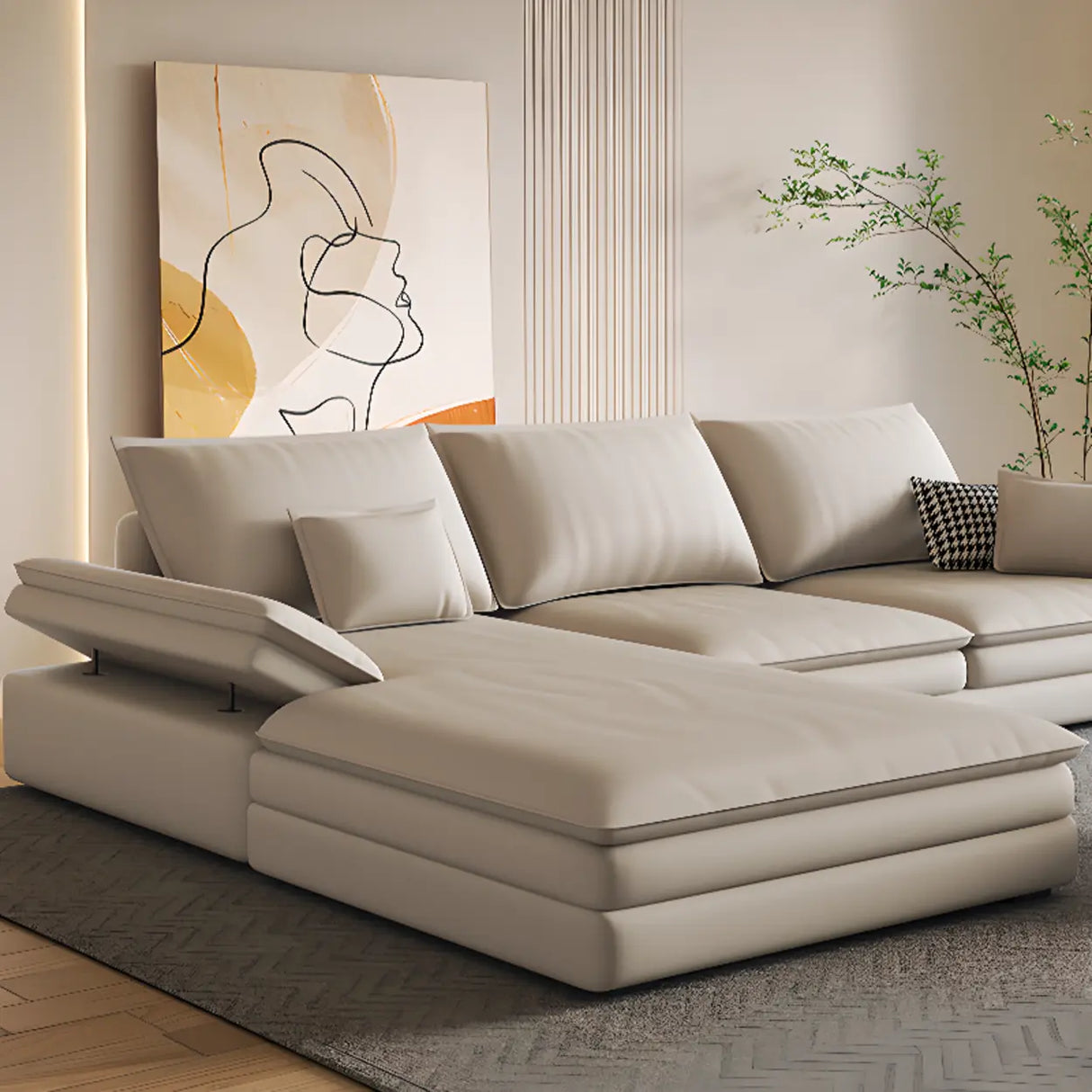 Adjustable Armrest Height Off-White Tech Cloth Sofa Image - 9