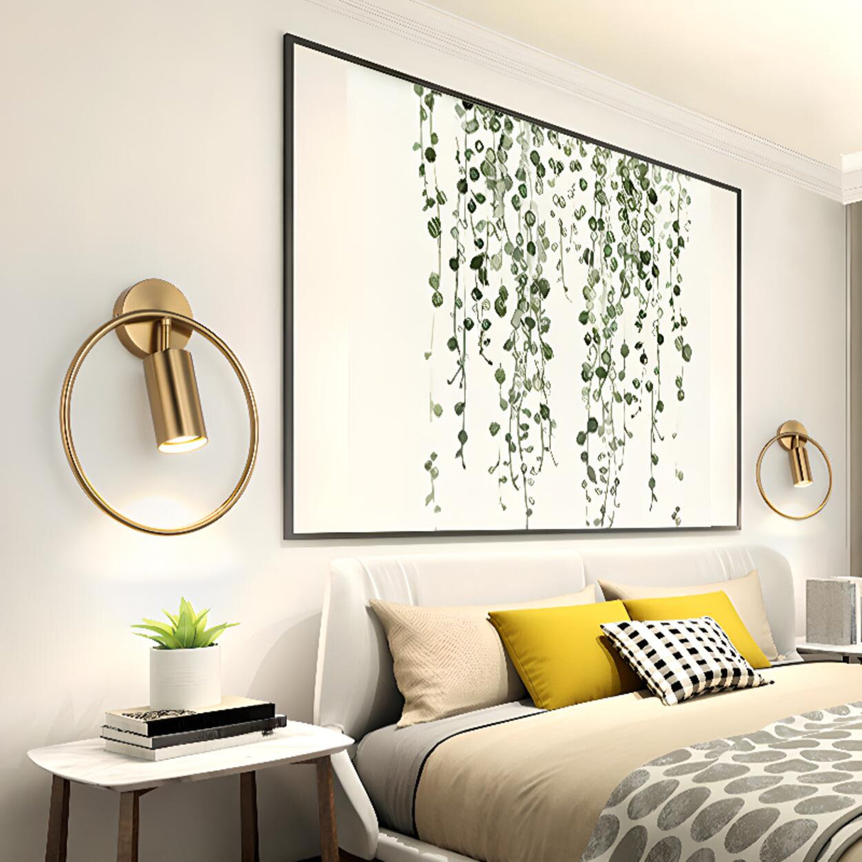 Adjustable Bedside Black and Gold Ring Wall Sconce Image - 4