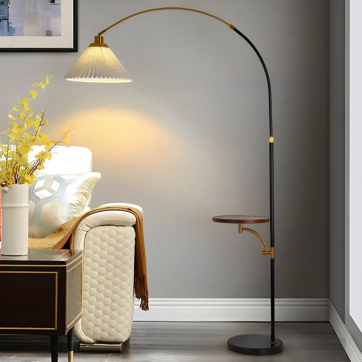 Adjustable Cone and Arched Floor Lamp with Side Table Image - 5