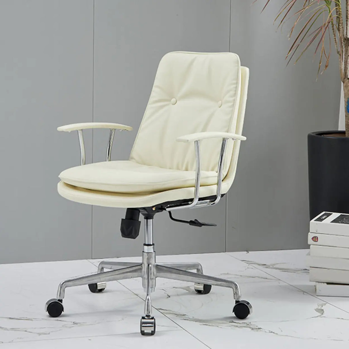 Adjustable Cream Leather Ergonomic Office Chair with Arms Image - 1