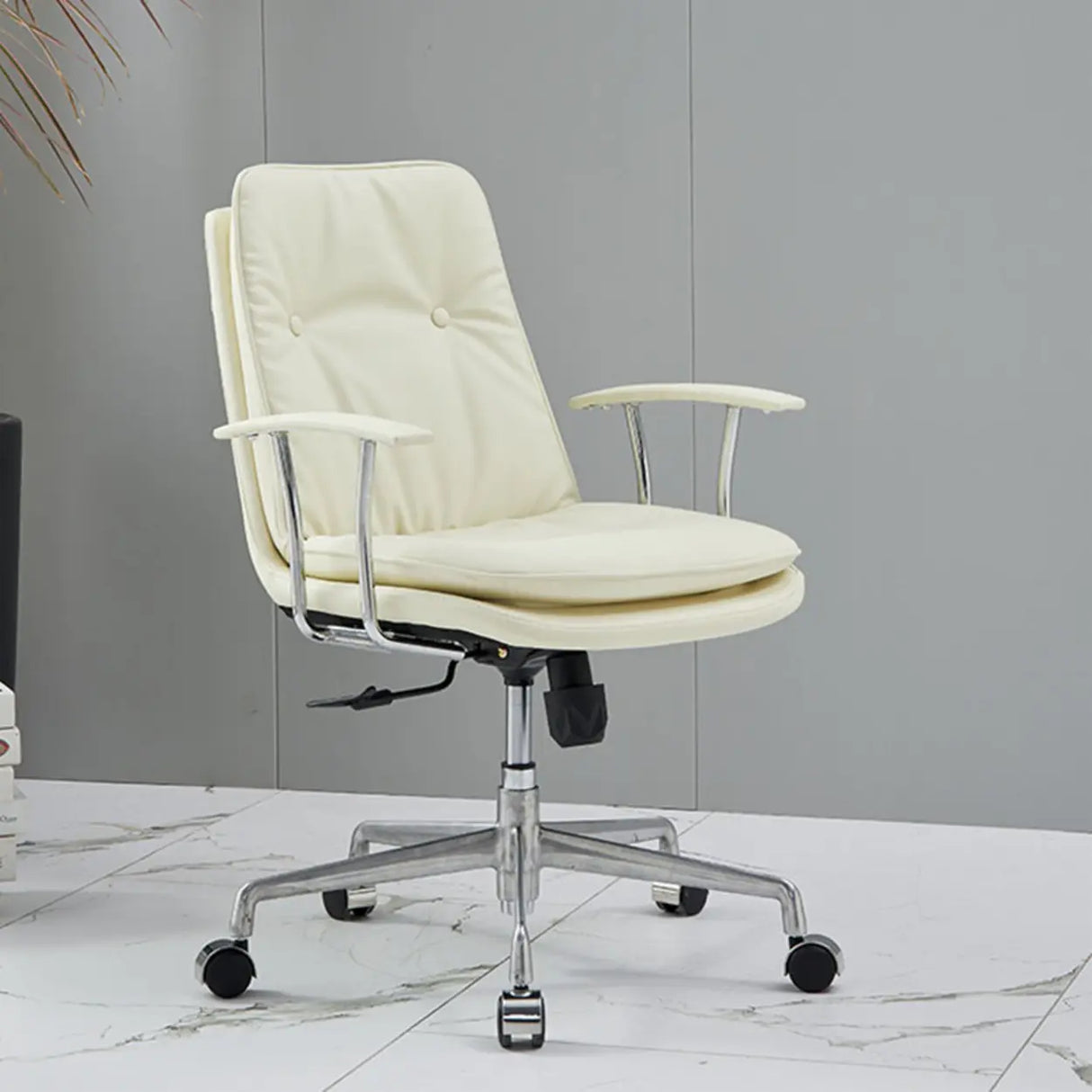 Adjustable Cream Leather Ergonomic Office Chair with Arms Image - 14