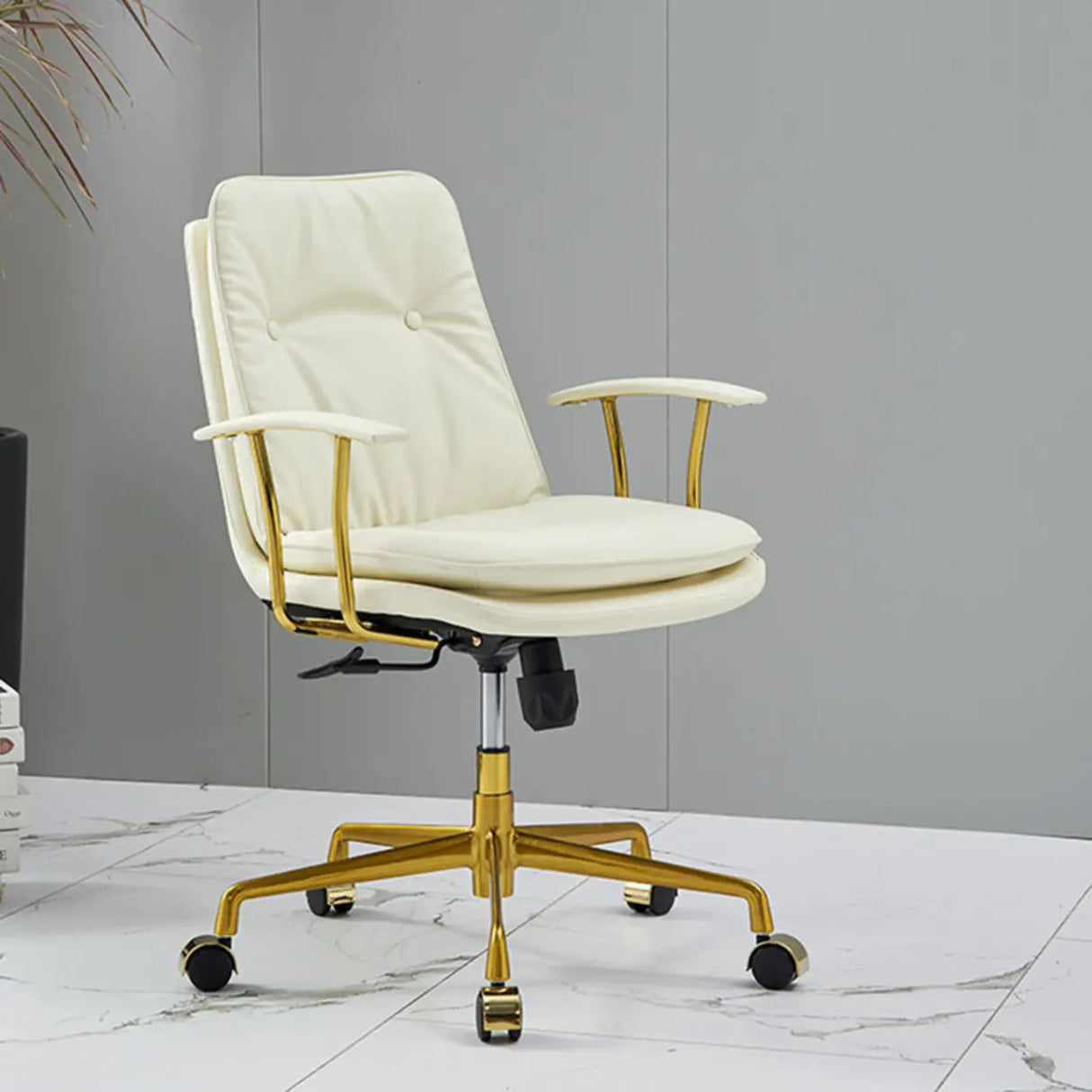 Adjustable Cream Leather Ergonomic Office Chair with Arms Image - 15