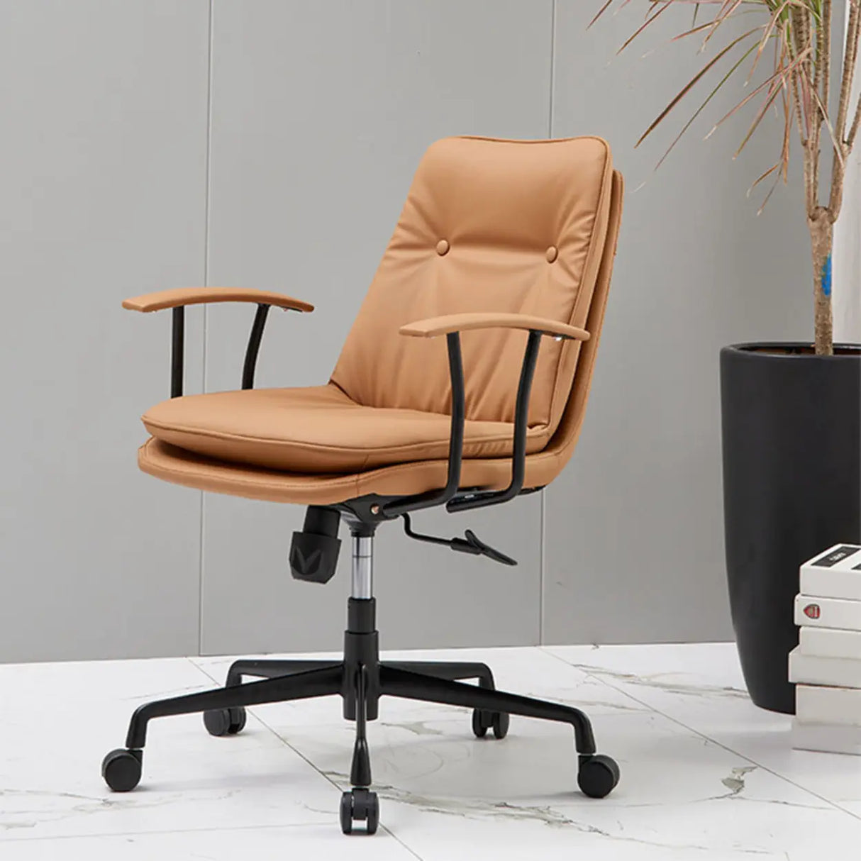 Adjustable Cream Leather Ergonomic Office Chair with Arms Image - 2