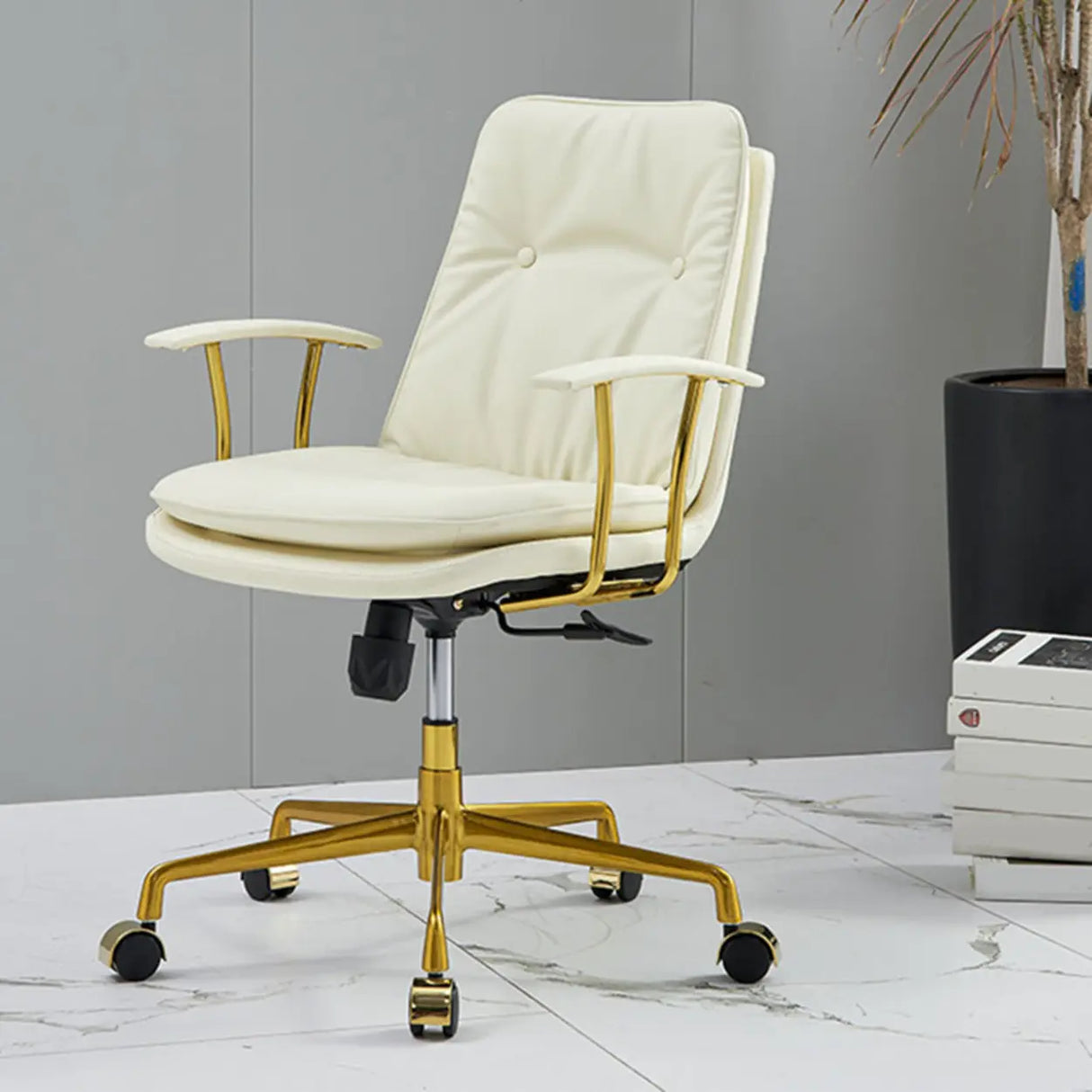Adjustable Cream Leather Ergonomic Office Chair with Arms Image - 3