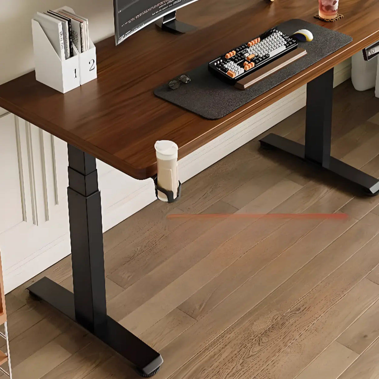 Adjustable Dark Walnut-Black Wood T-Shape Computer Desk Image - 11