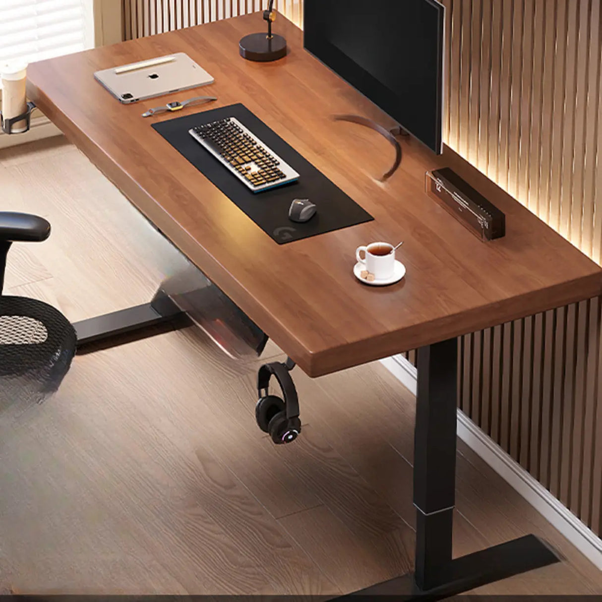 Adjustable Dark Walnut-Black Wood T-Shape Computer Desk Image - 12