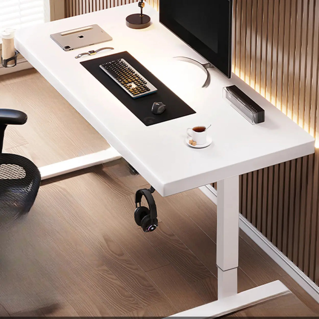 Adjustable Dark Walnut-Black Wood T-Shape Computer Desk Image - 13