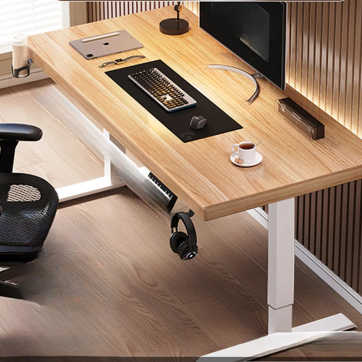 Adjustable Dark Walnut-Black Wood T-Shape Computer Desk Image - 14