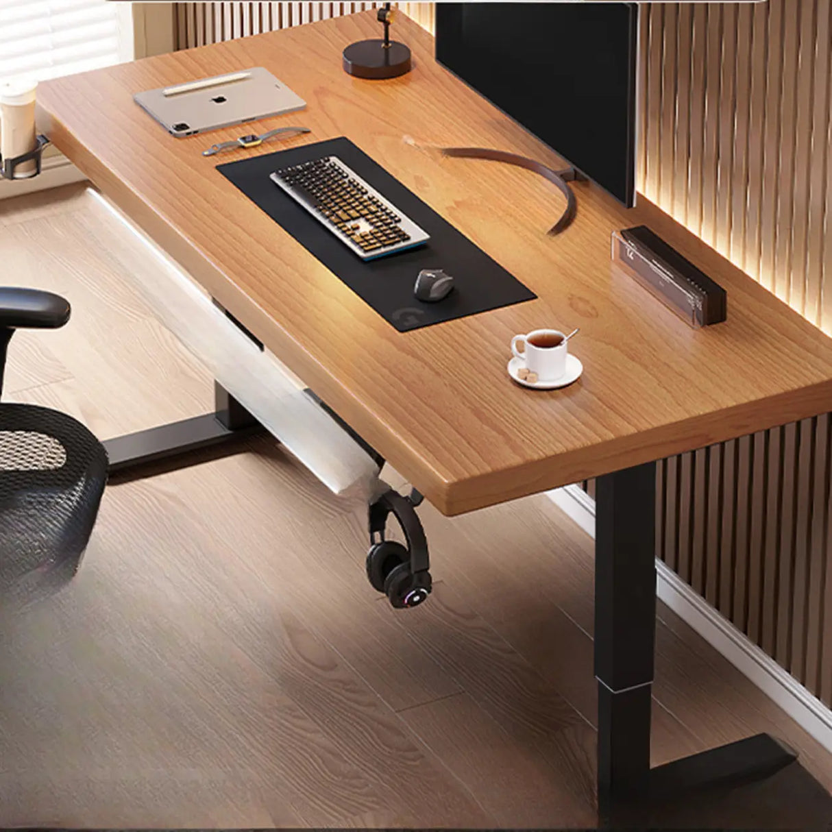 Adjustable Dark Walnut-Black Wood T-Shape Computer Desk Image - 15