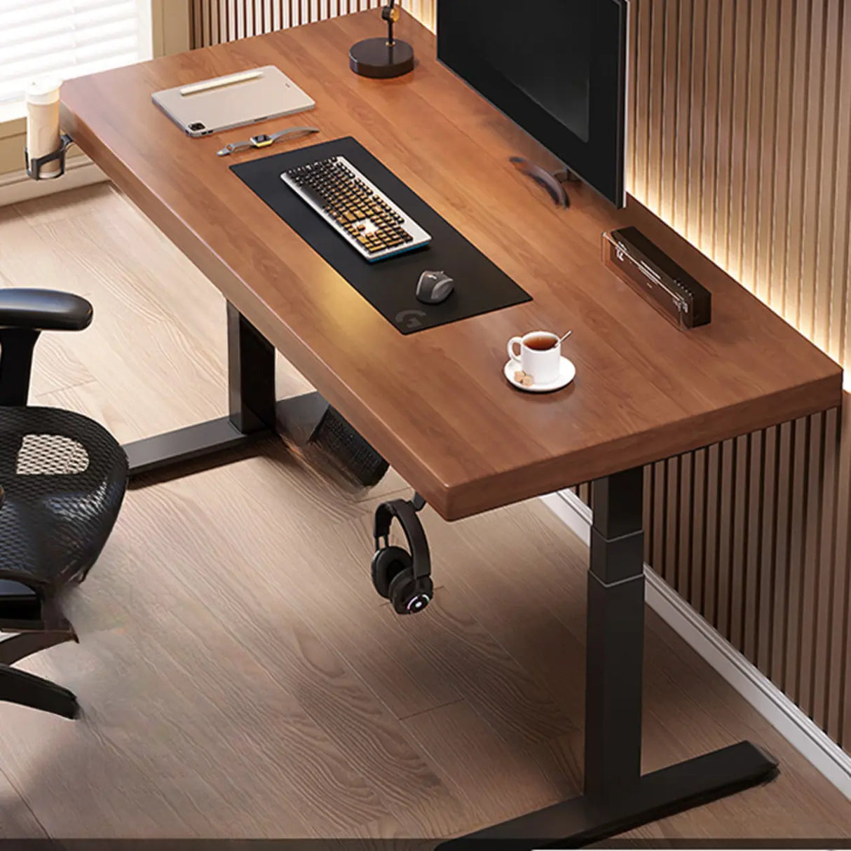 Adjustable Dark Walnut-Black Wood T-Shape Computer Desk Image - 16