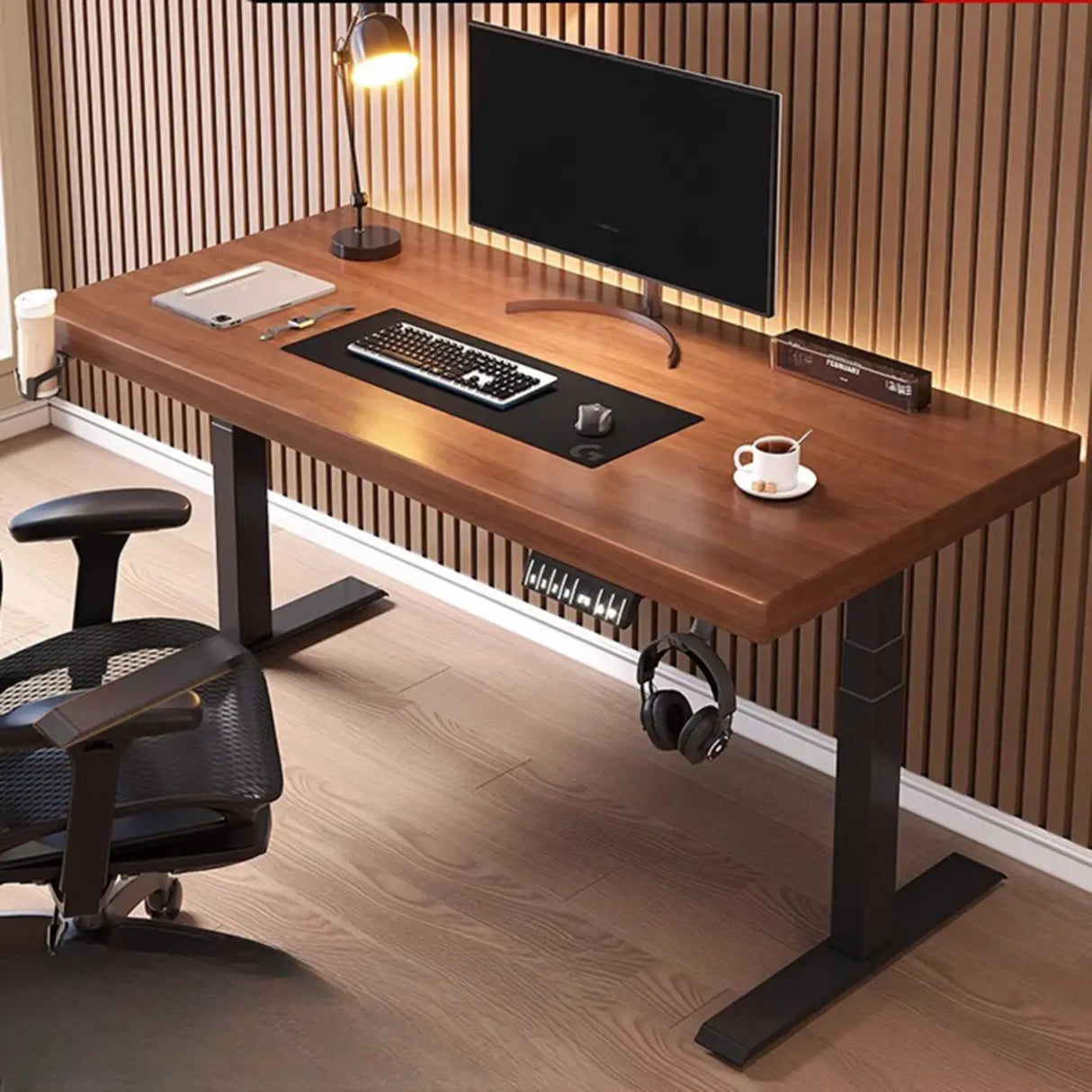 Adjustable Dark Walnut-Black Wood T-Shape Computer Desk Image - 1