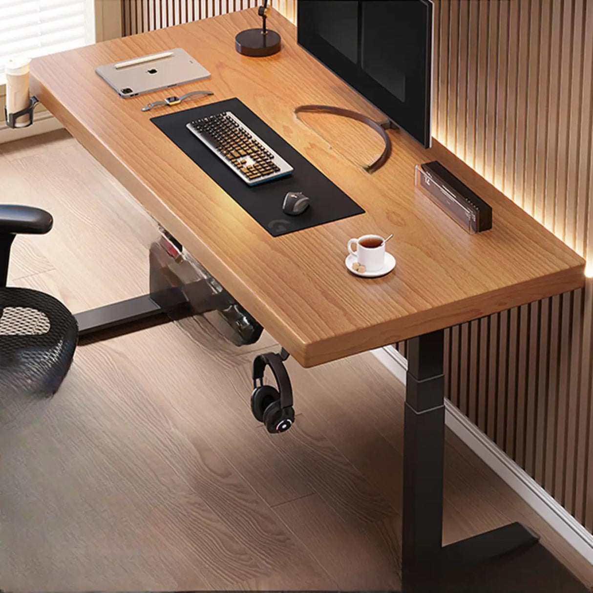 Adjustable Dark Walnut-Black Wood T-Shape Computer Desk Image - 2