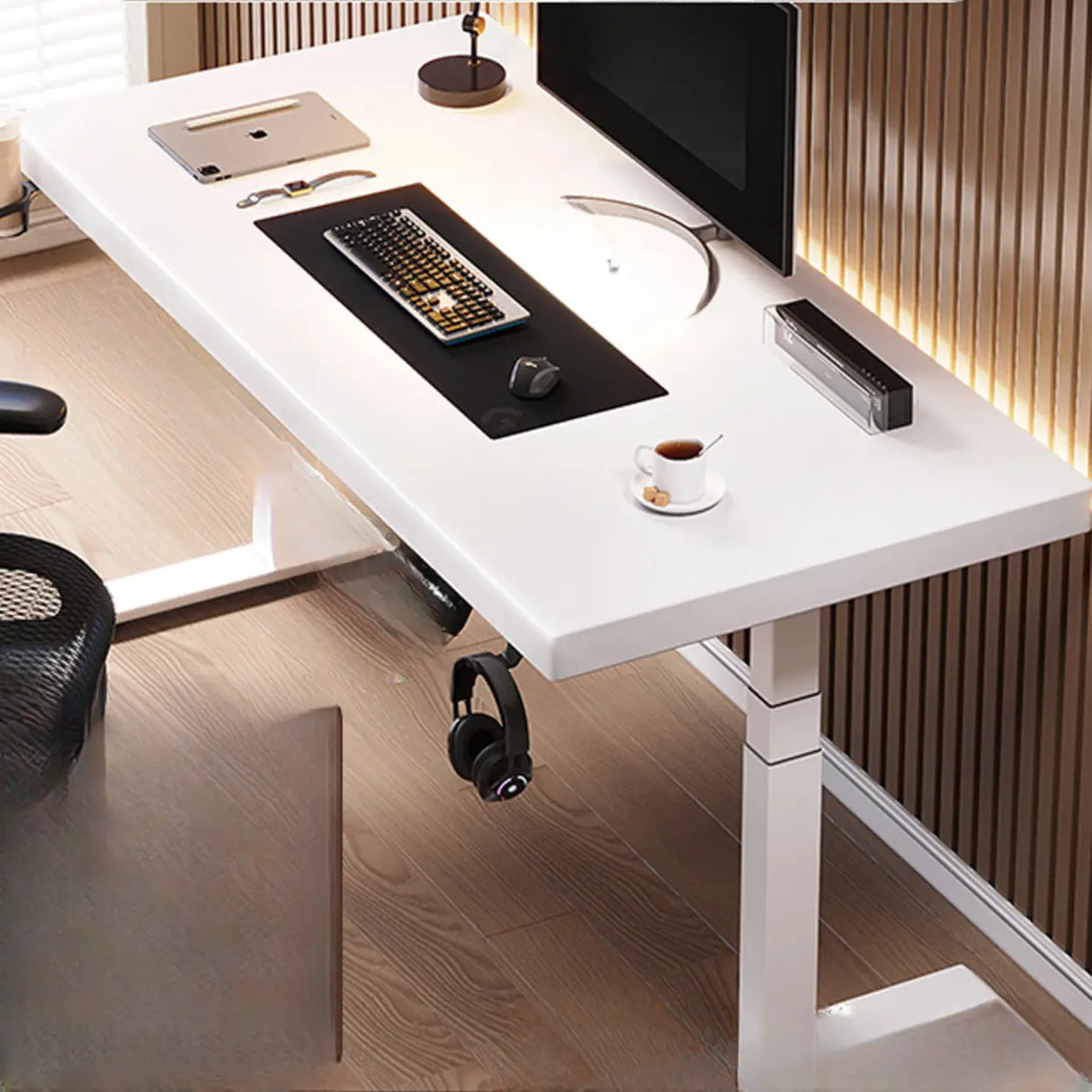 Adjustable Dark Walnut-Black Wood T-Shape Computer Desk Image - 3