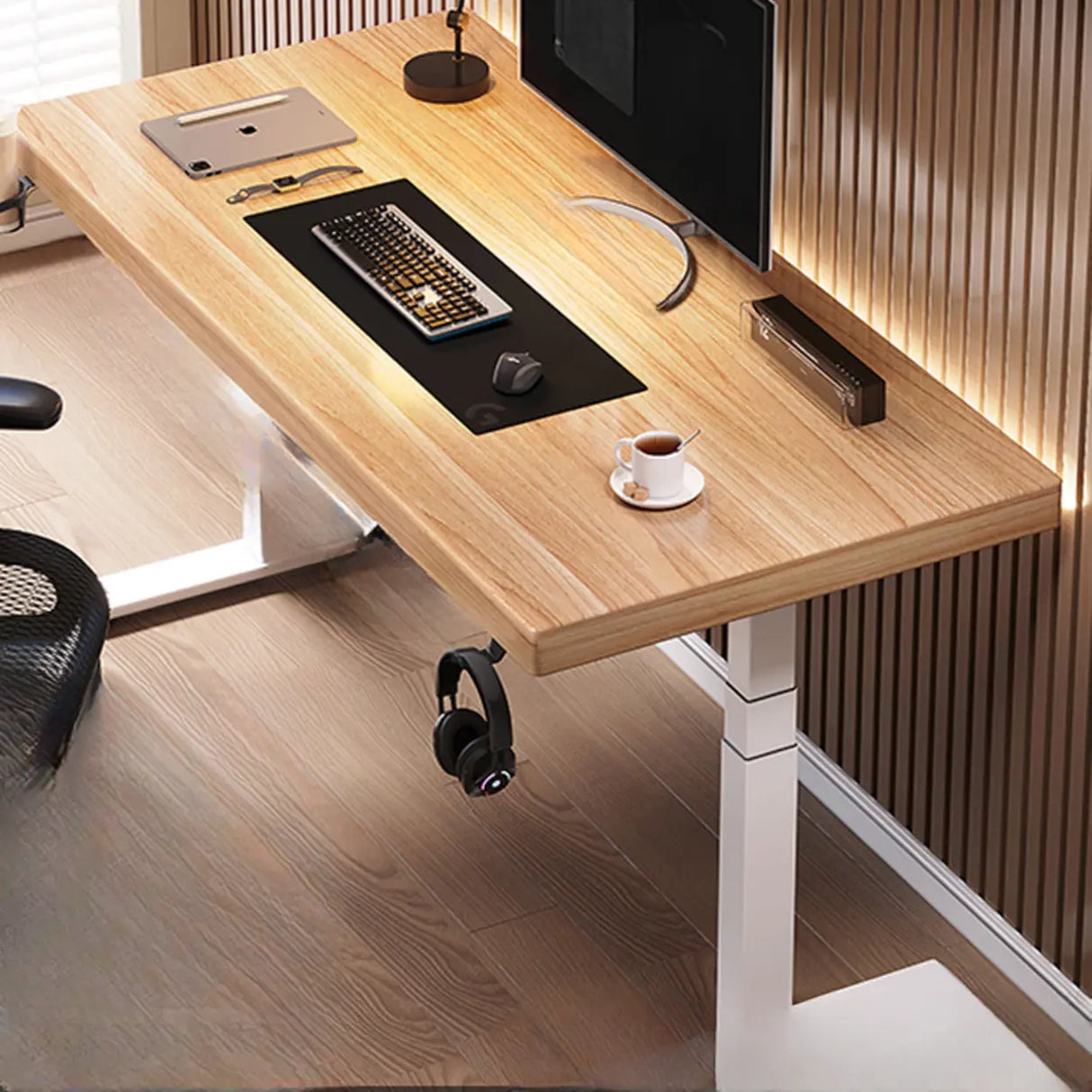 Adjustable Dark Walnut-Black Wood T-Shape Computer Desk Image - 4