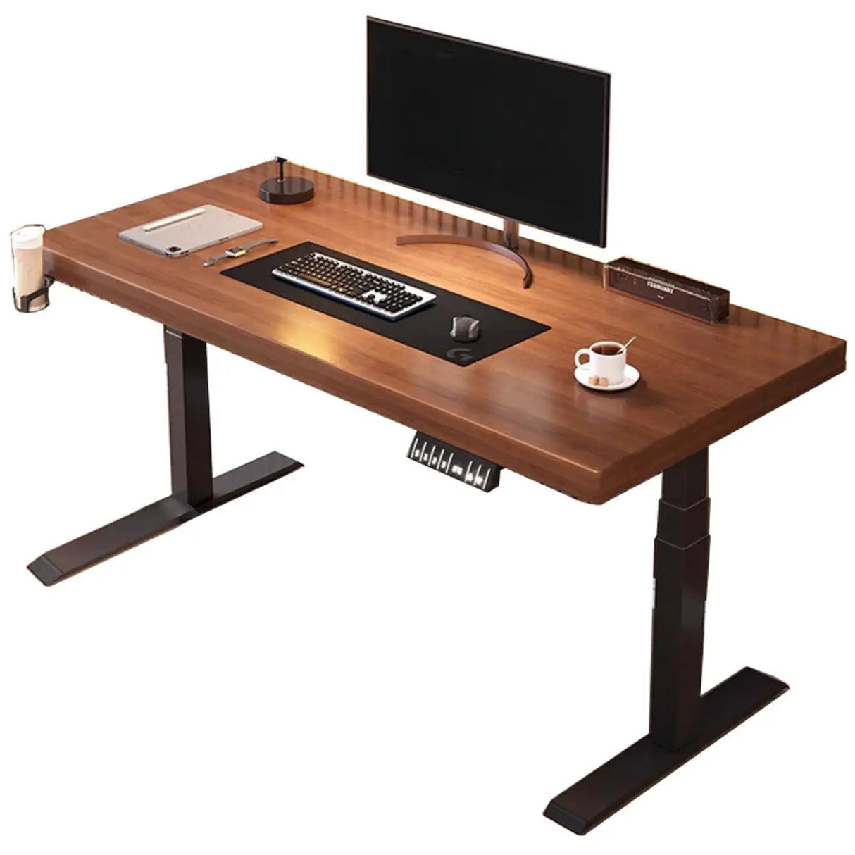 Adjustable Dark Walnut-Black Wood T-Shape Computer Desk Image - 5